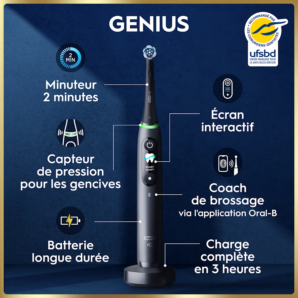 Oral-B iO brosse à dents électrique Genius, présentant ses fonctions intelligentes.
