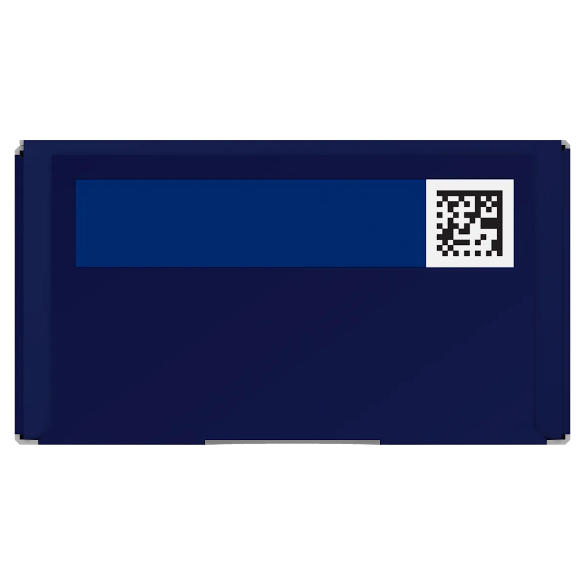 Boîte de produit bleue avec un encadré bleu foncé et un code QR.