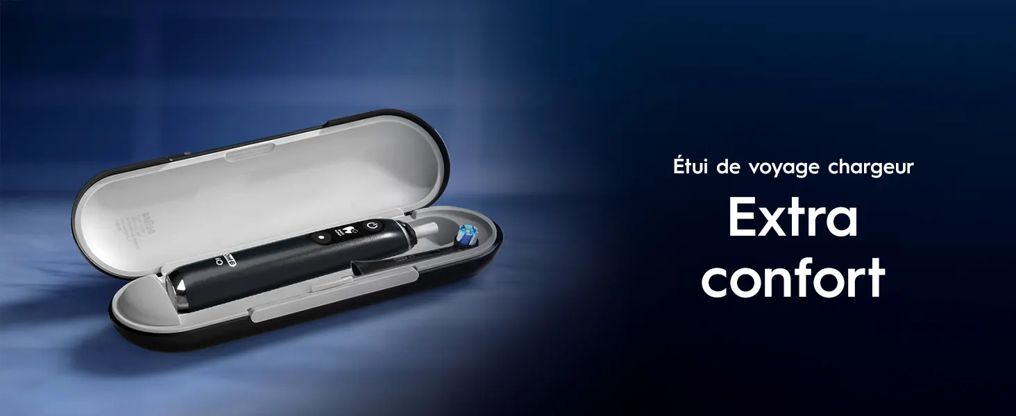 Brosse à dents Oral‑B iO 9 dans un étui de voyage rechargeur.