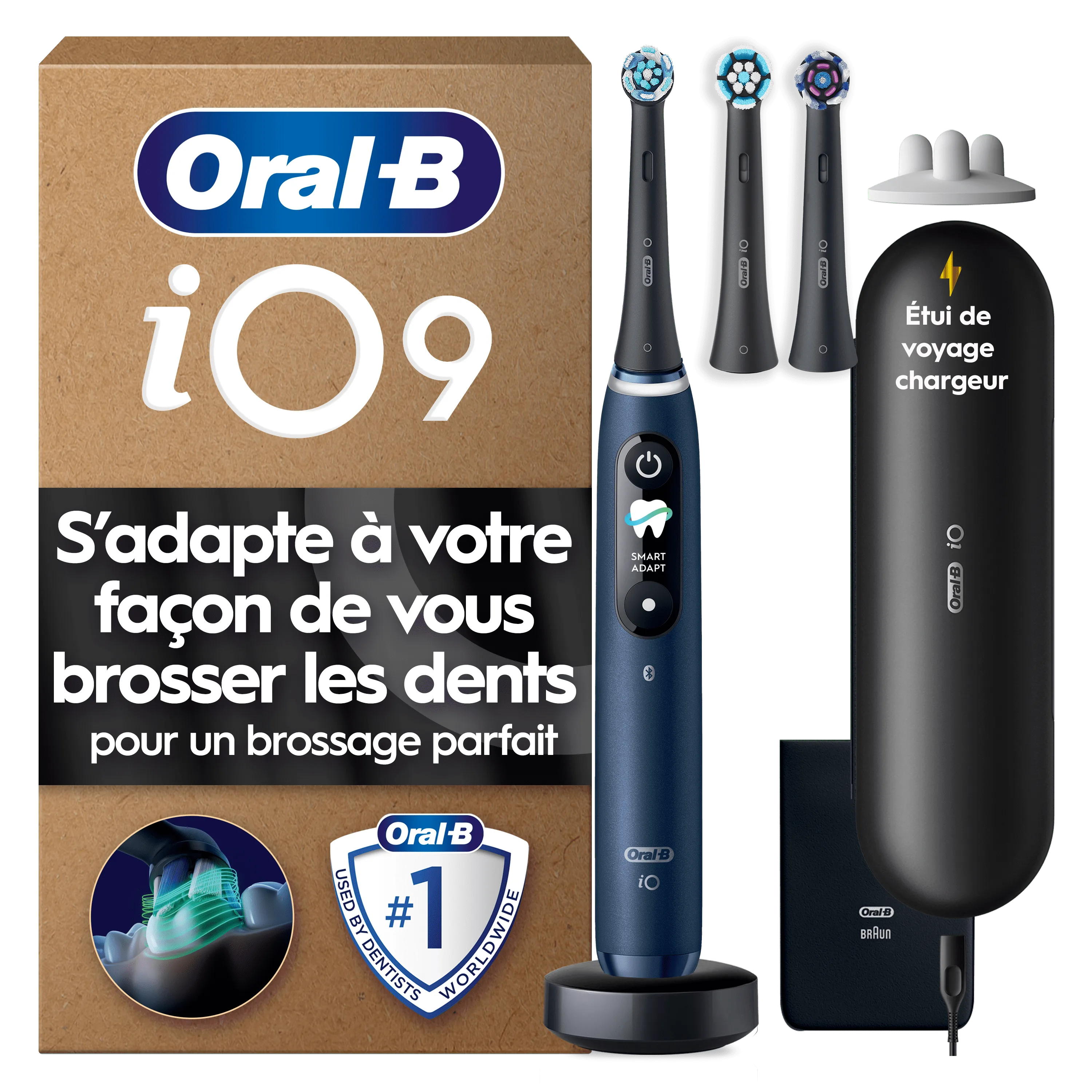 Brosse à dents Oral-B iO9, avec têtes de rechange et étui de voyage chargeur, adaptée au brossage parfait.