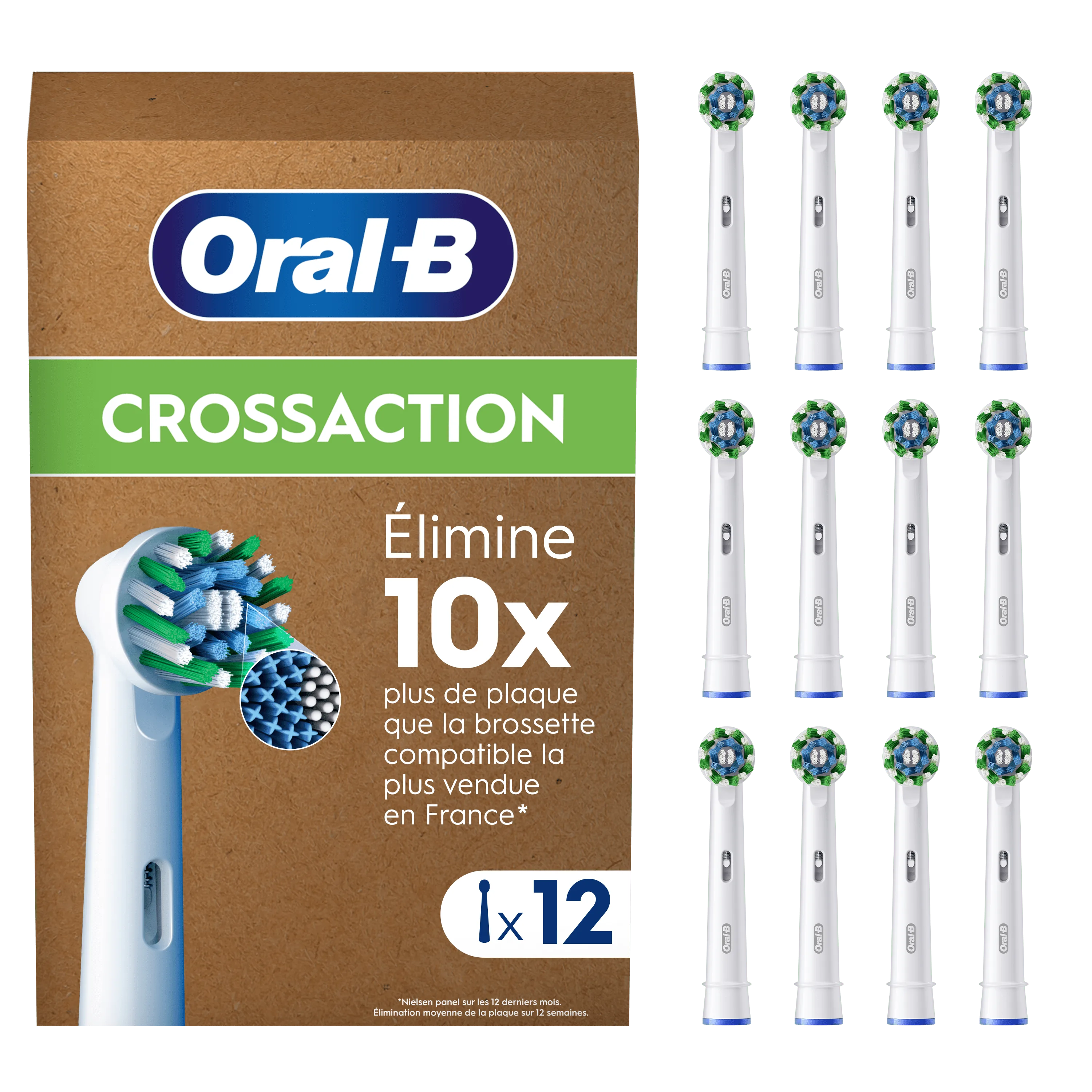 Oral-B CrossAction, pack de 12 têtes de brosse, élimine 10 fois plus de plaque que la brosse compatible la plus vendue en France.