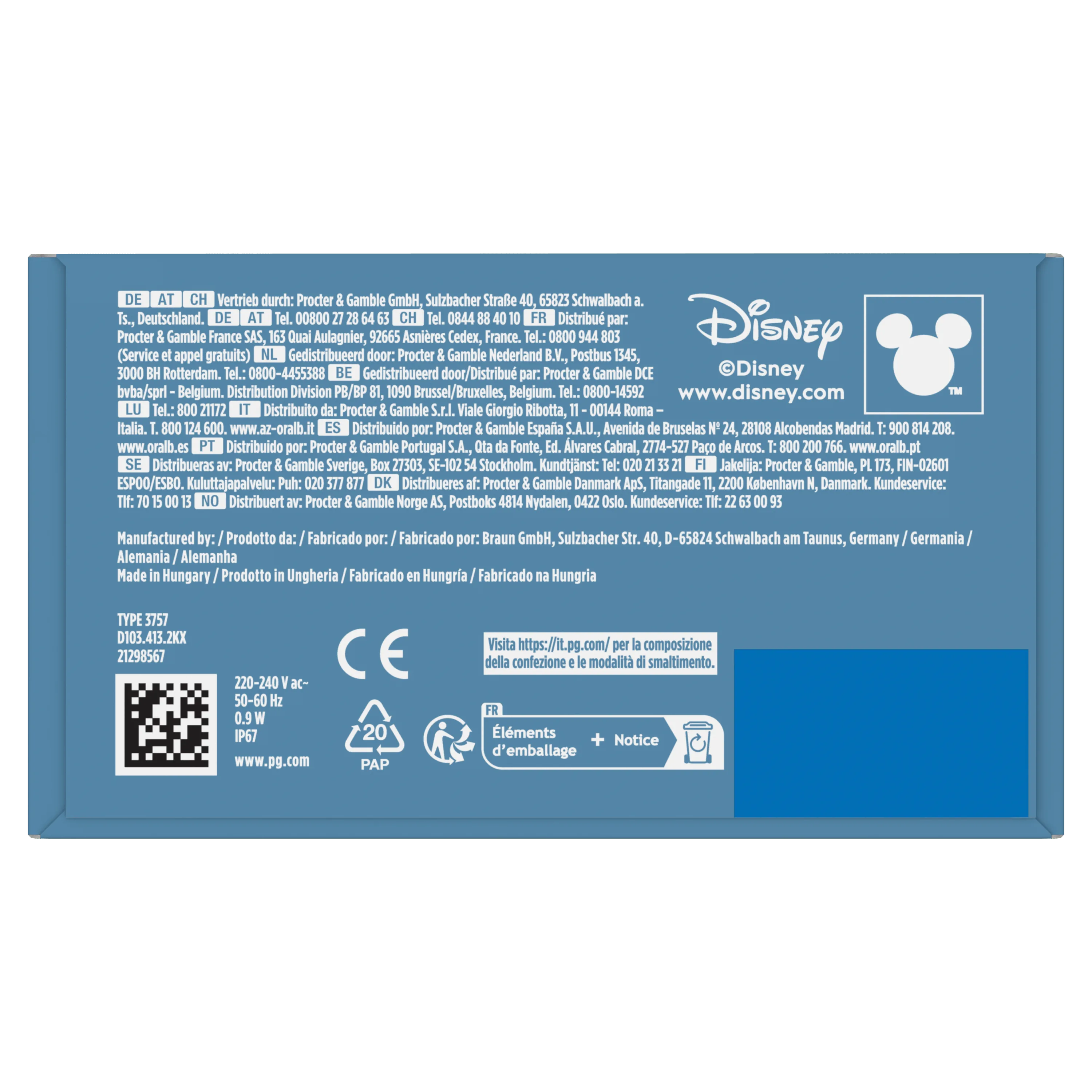 Emballage de produit Disney avec coordonnées de Procter & Gamble et informations de recyclage des éléments dâ emballage.