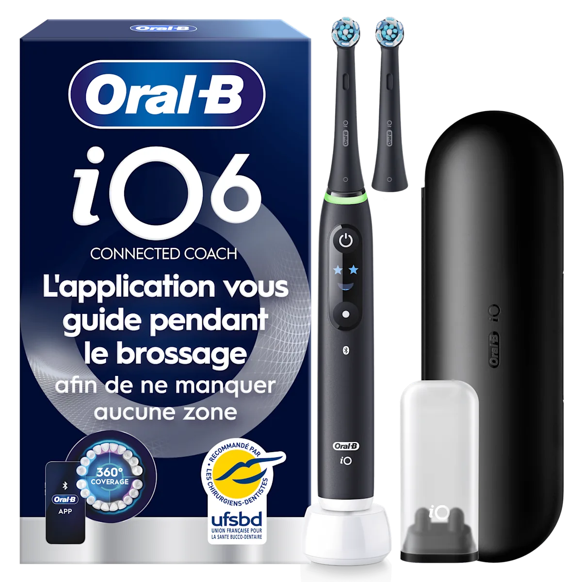 Oral-B iO6 brosse à dents et emballage, le guidage de brossage par l’application.