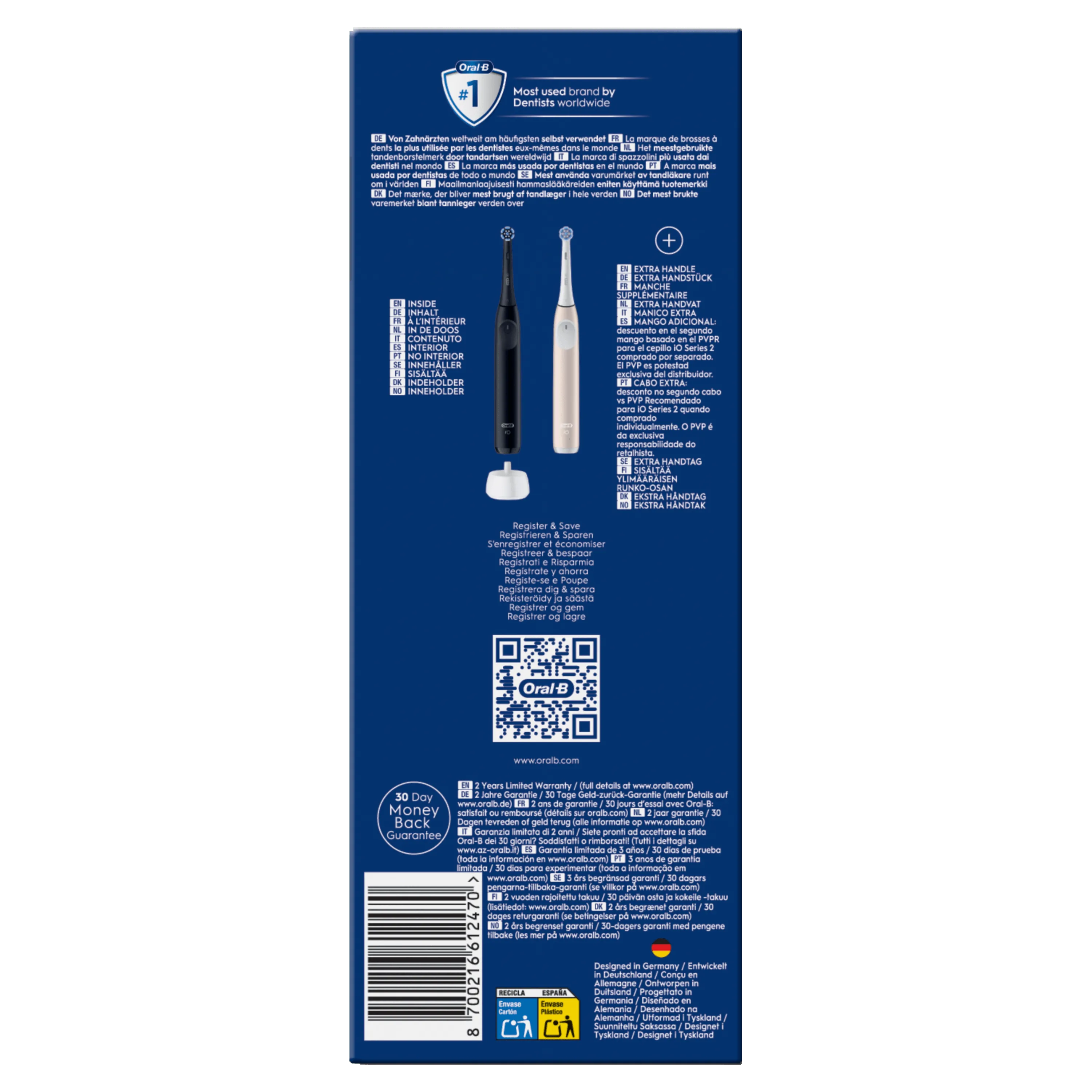 Oral-B brosse à dents iO avec deux manches, soulignant qu'il s'agit de la marque numéro 1 recommandée par les dentistes.