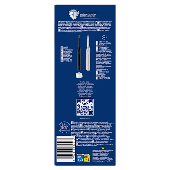 Oral-B brosse à dents iO avec deux manches, soulignant qu'il s'agit de la marque numéro 1 recommandée par les dentistes.