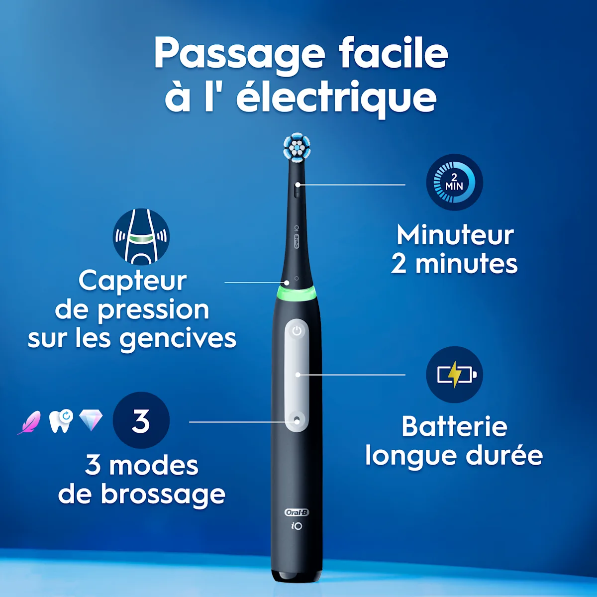 Oral-B iO brosse à dents: capteur de pression, minuteur, 3 modes, batterie longue durée.