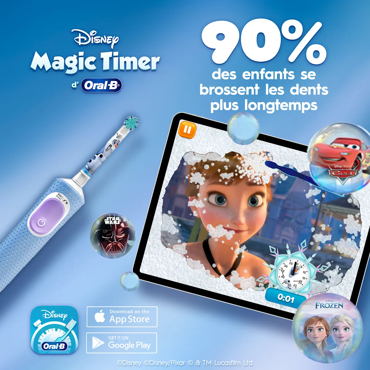 Brosse à dents Oral-B avec l'application Disney Magic Timer qui montre comment 90% des enfants se brossent les dents plus longtemps.