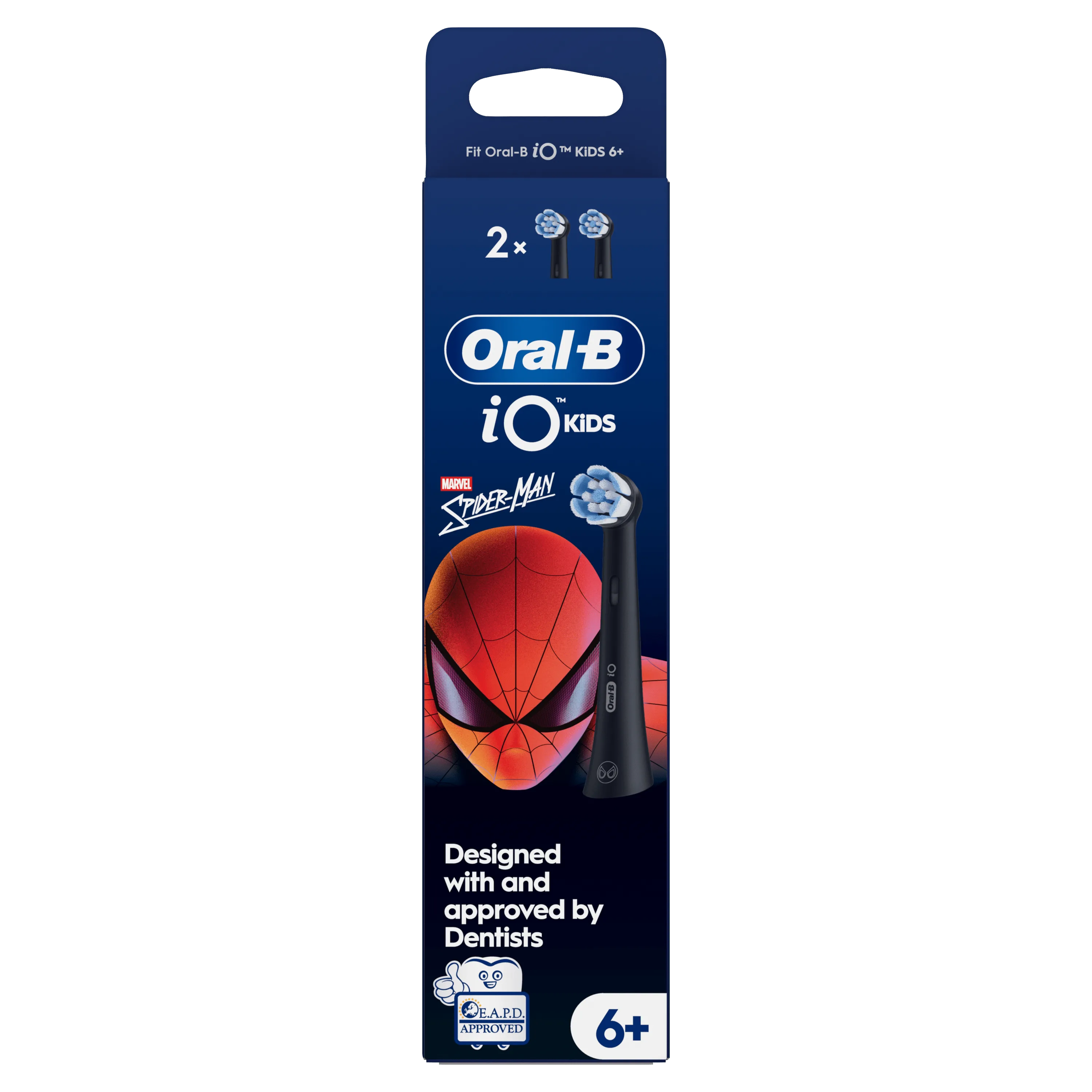 Têtes de brosse Oral-B iO Kids, pack de deux, avec emballage Spiderman, conçues et approuvées par les dentistes.