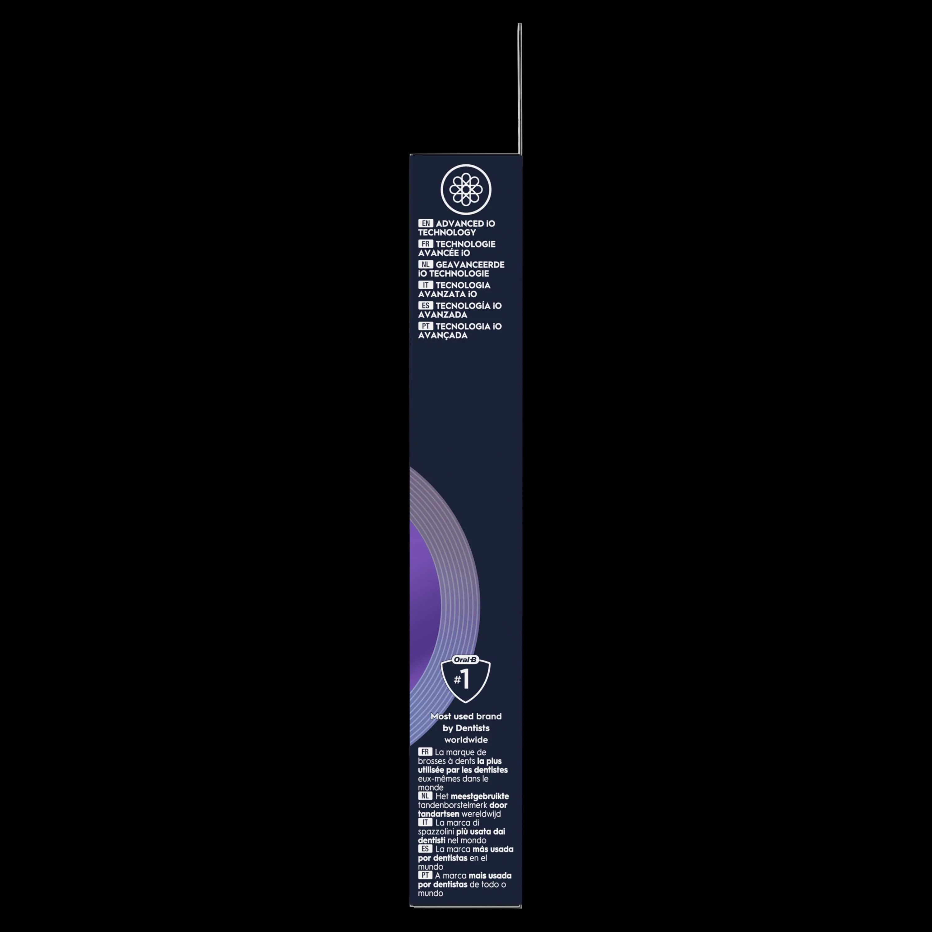 Oral-B brosse à dents, emballage indiquant "Technologie IO avancée" et "Marque la plus utilisée par les dentistes dans le monde".