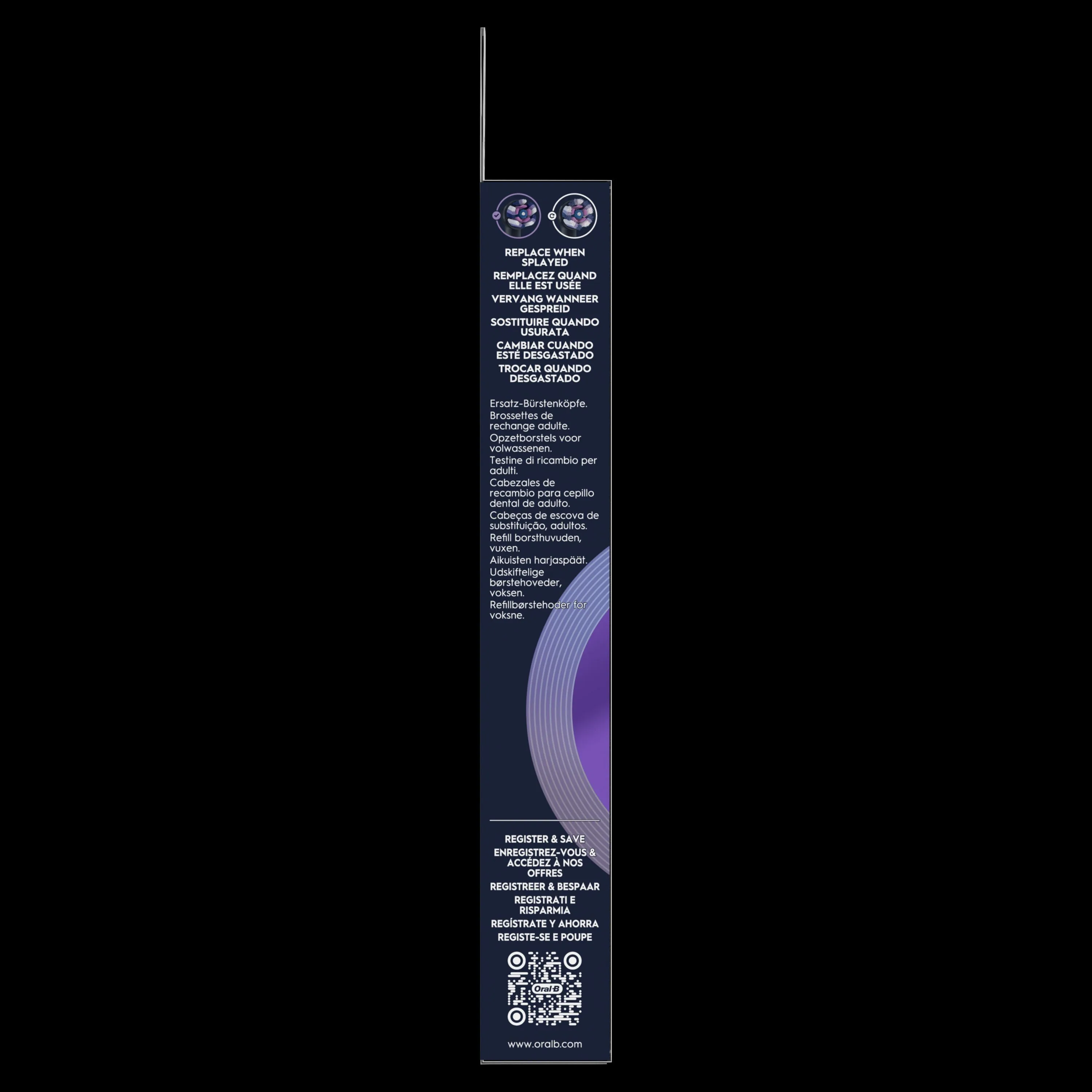 Oral-B, emballage indiquant de remplacer la brossette quand elle est usée, et l'offre "enregistrez-vous et accédez à nos offres".
