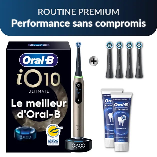Oral-B iO 10 Brosse À Dents Électrique Lunar Gold, 1 Brossette Ultimate Clean, 1 Chargeur Magnétique Rapide avec Coach de Brossage iO Sense, 1 Étui de Voyage Chargeur, 1 porte-brossettes hygiénique