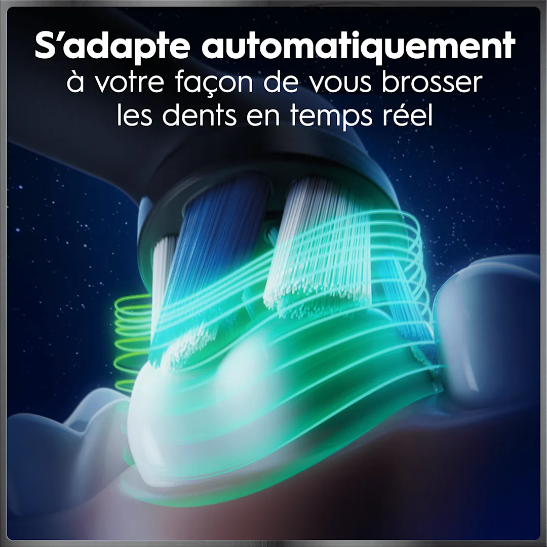 Brosse à dents électrique avec effets lumineux verts montrant son adaptation automatique aux mouvements de brossage en temps réel.