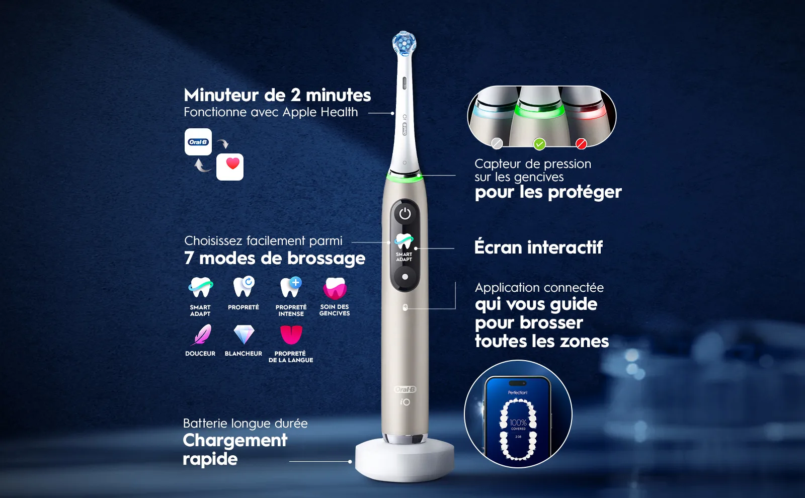 Brosse à dents électrique: minuteur, capteur de pression, écran interactif, compatible Apple Health 