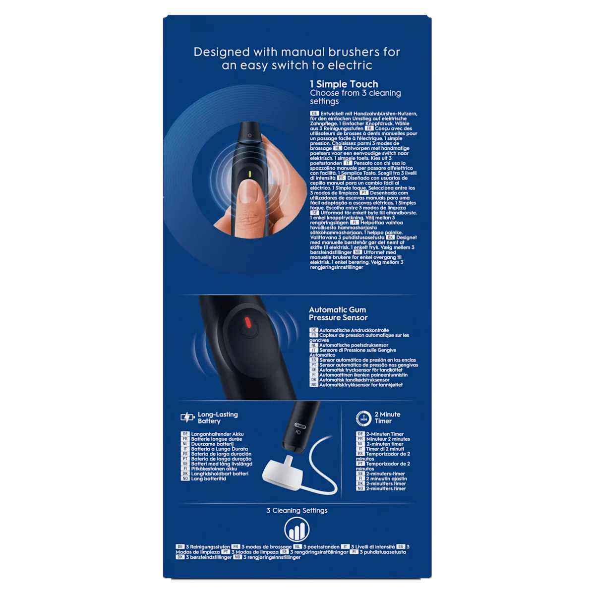 Oral-B brosse à dents électrique, mettant en avant le 1 Simple Touch pour choisir parmi 3 modes de bossage.