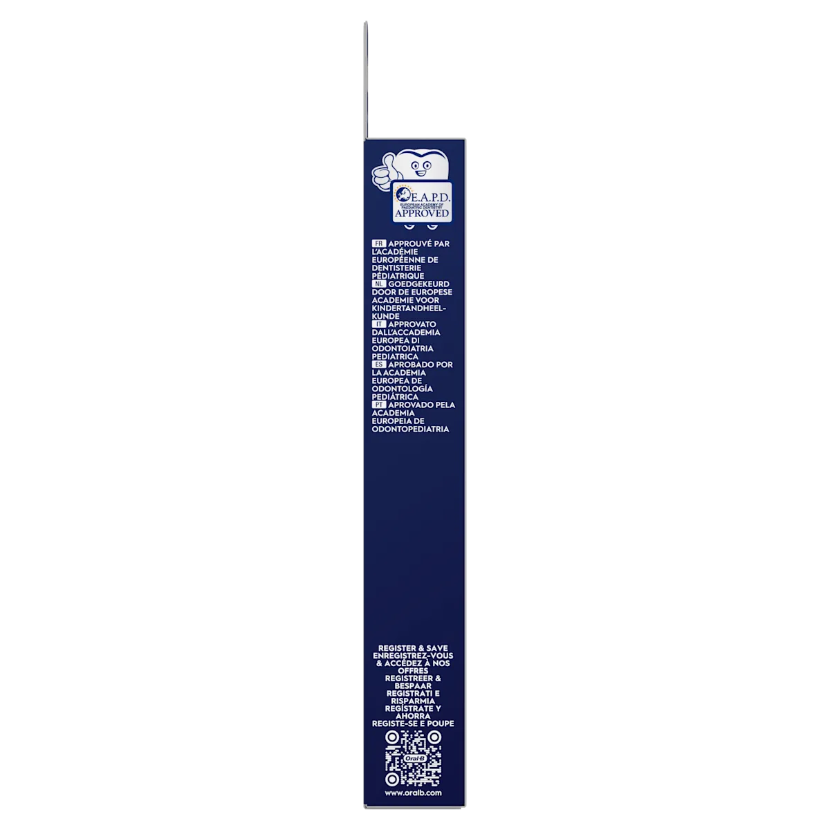 Emballage de brosses à dents Oral-B indiquant l'approbation par l'Académie Européenne de Dentisterie Pédiatrique.