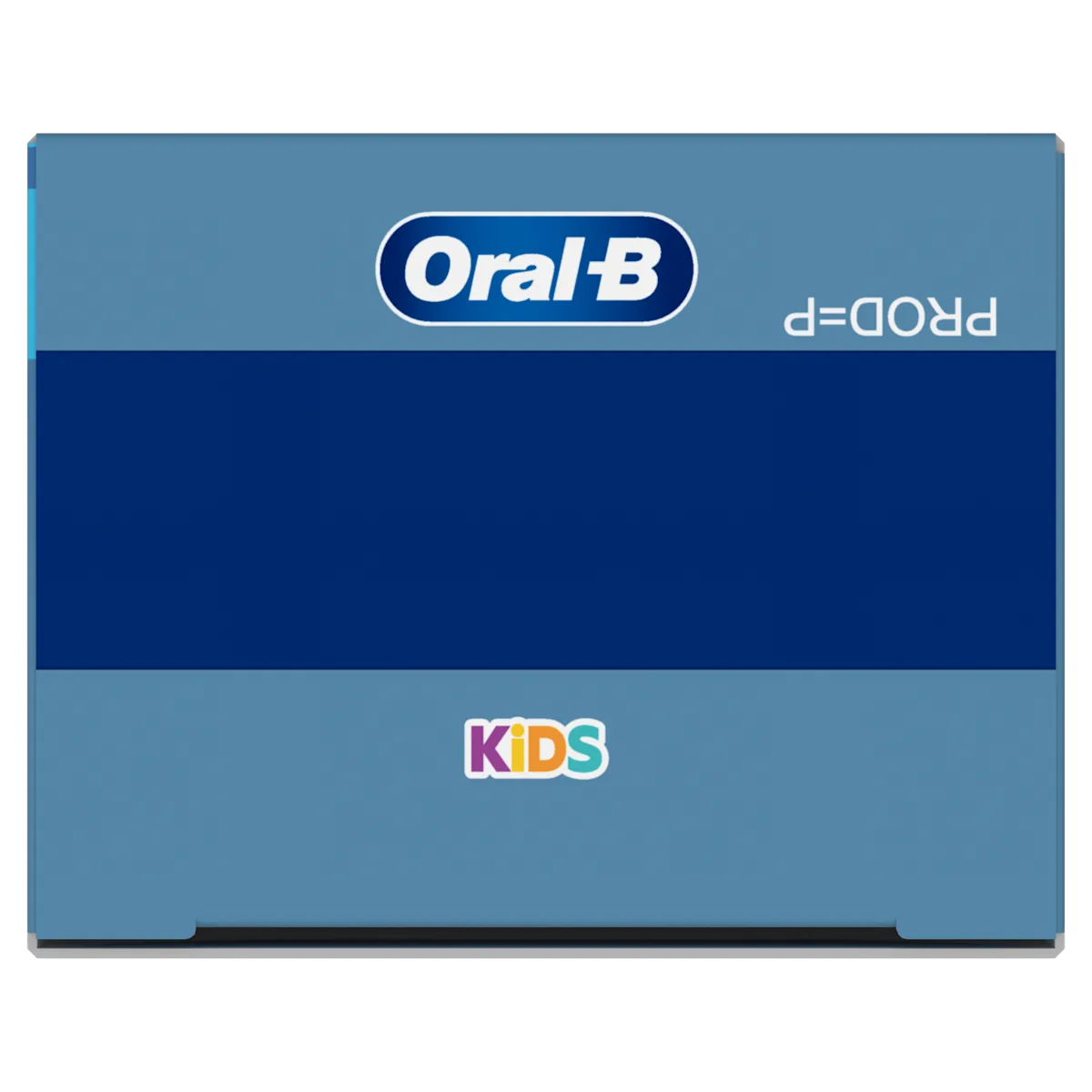 Emballage de brosses à dents Oral-B Kids, avec un logo enfantin et la mention "PROD=P" à l'envers.