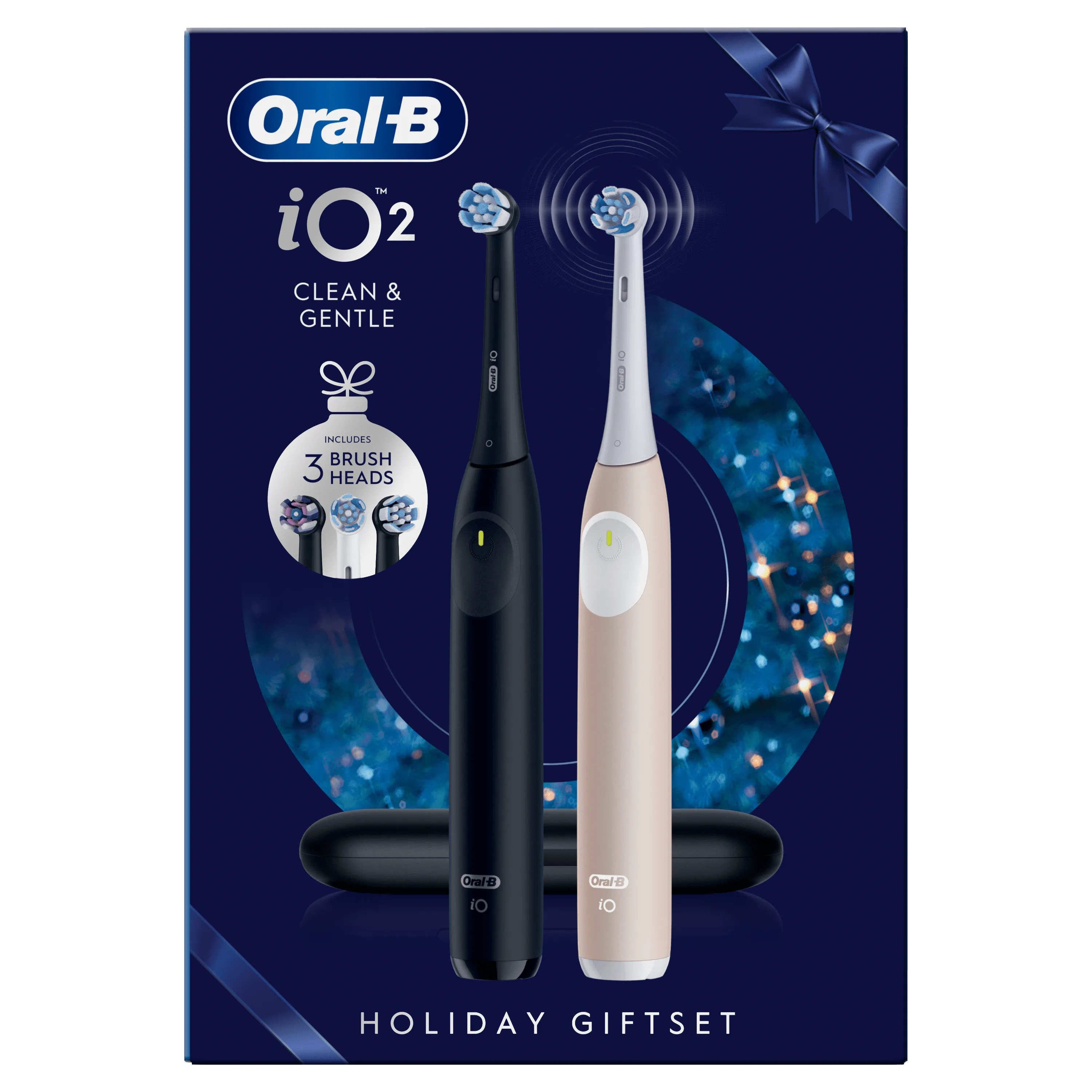 Oral-B iO2 coffret de Noël avec deux brosses à dents et un message indiquant qu'il inclut 3 têtes de brosse.;