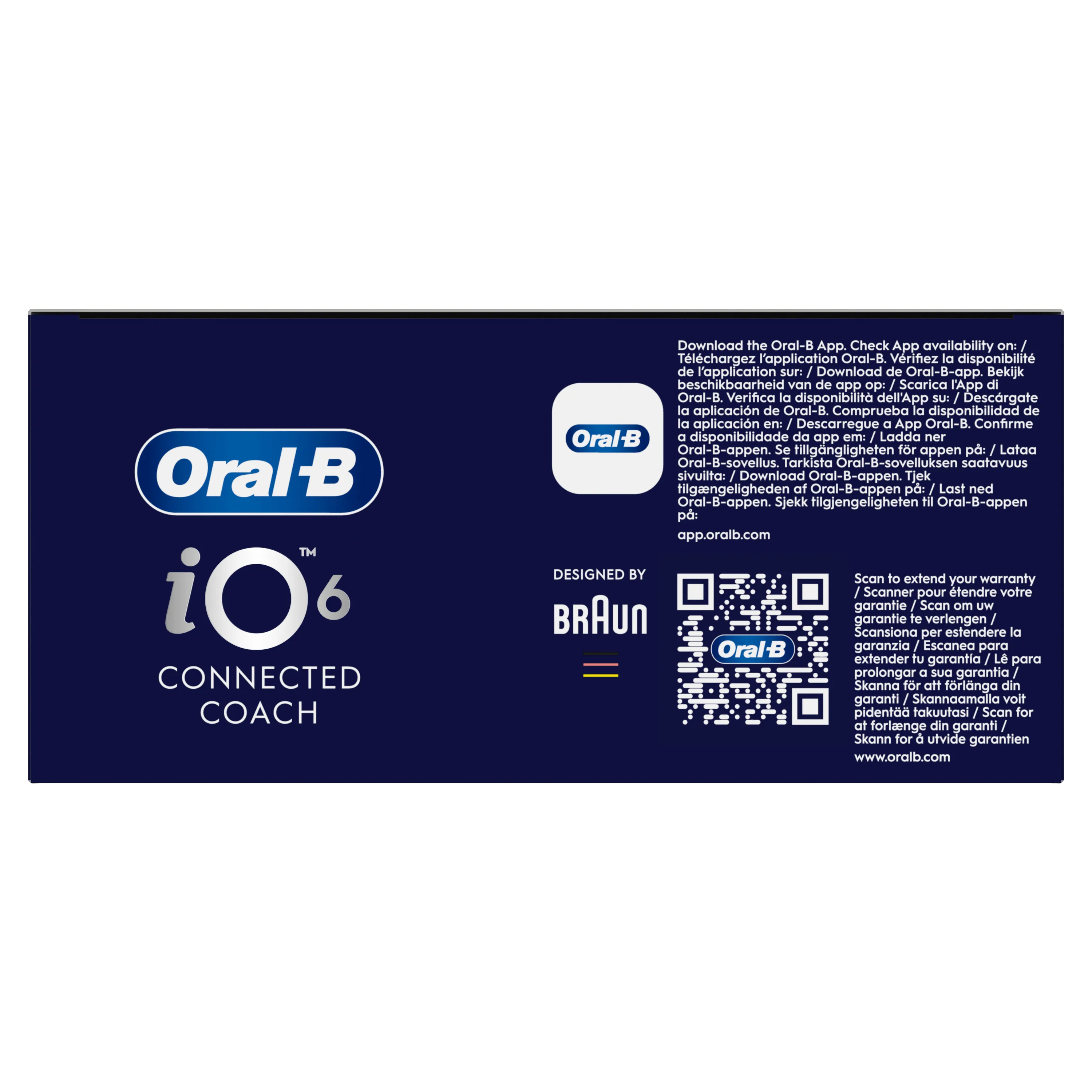 Oral-B iO 6, emballage mettant en avant la fonctionnalité Connected Coach et un QR code pour étendre la garantie.
