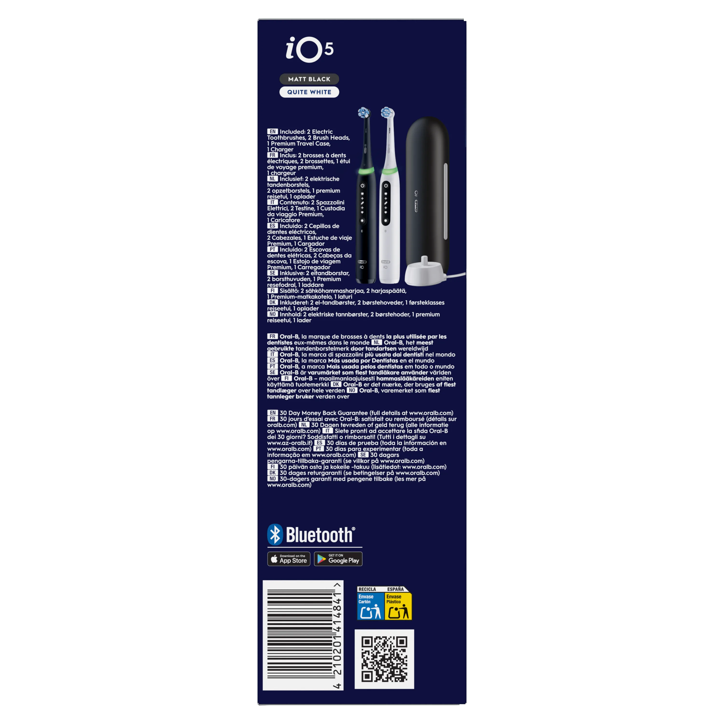 Oral-B iO5, incluant deux brosses à dents, deux brossettes et un étui de voyage premium.