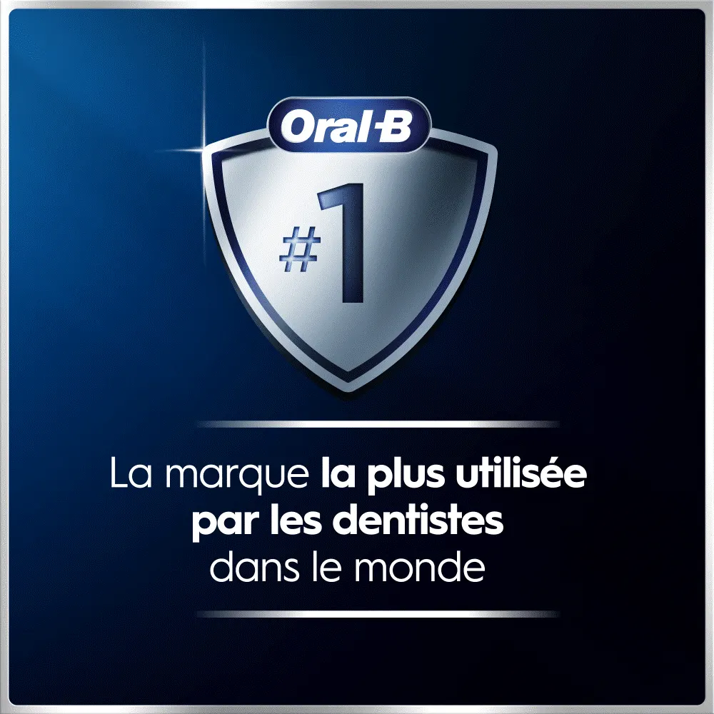 Logo Oral-B sur un bouclier argenté avec "#1". Texte: "La marque la plus utilisée par les dentistes dans le monde".