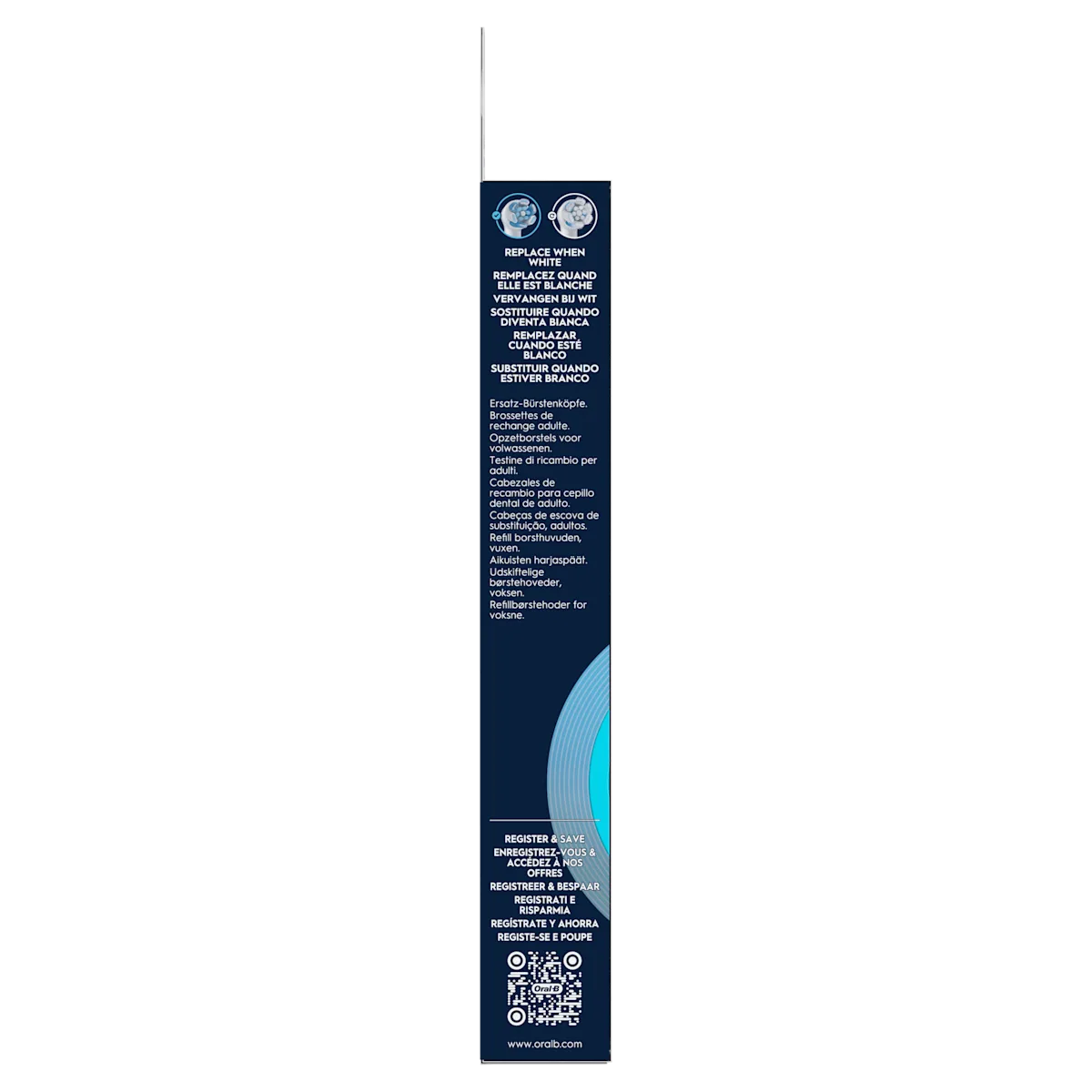 Oral-B brossettes de rechange, emballage indiquant Replace when white (remplacez quand elle est blanche).