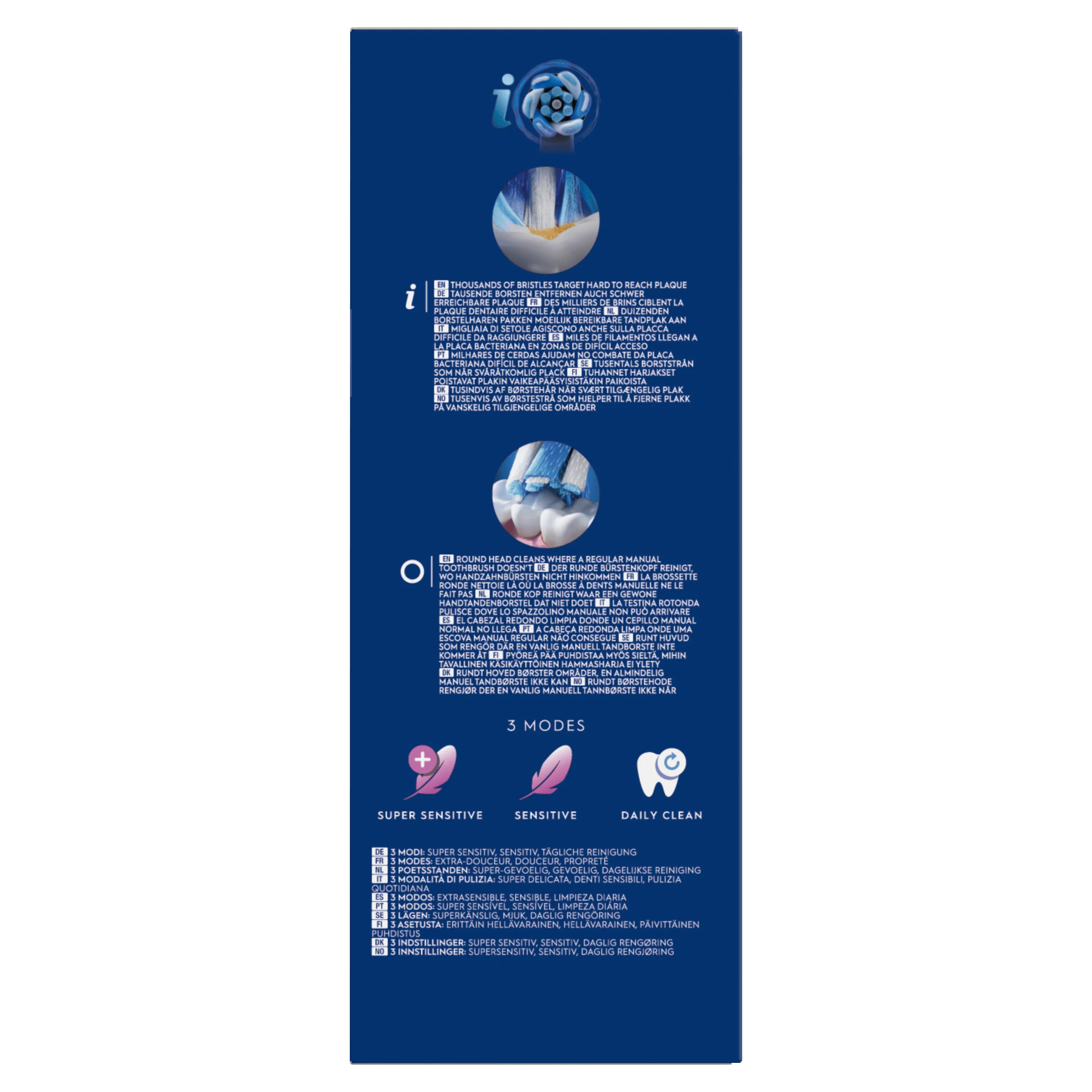 Oral-B iO, emballage mettant en avant les milliers de brins ciblant la plaque dentaire difficile à atteindre.