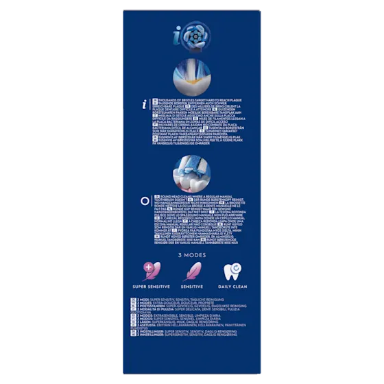 Oral-B iO, emballage mettant en avant les milliers de brins ciblant la plaque dentaire difficile à atteindre.