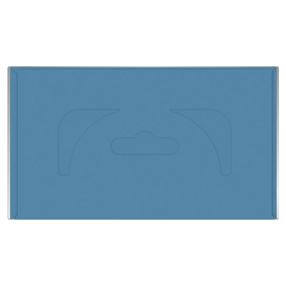 Boîte bleue avec un motif de suspension moulé sur le dessus.