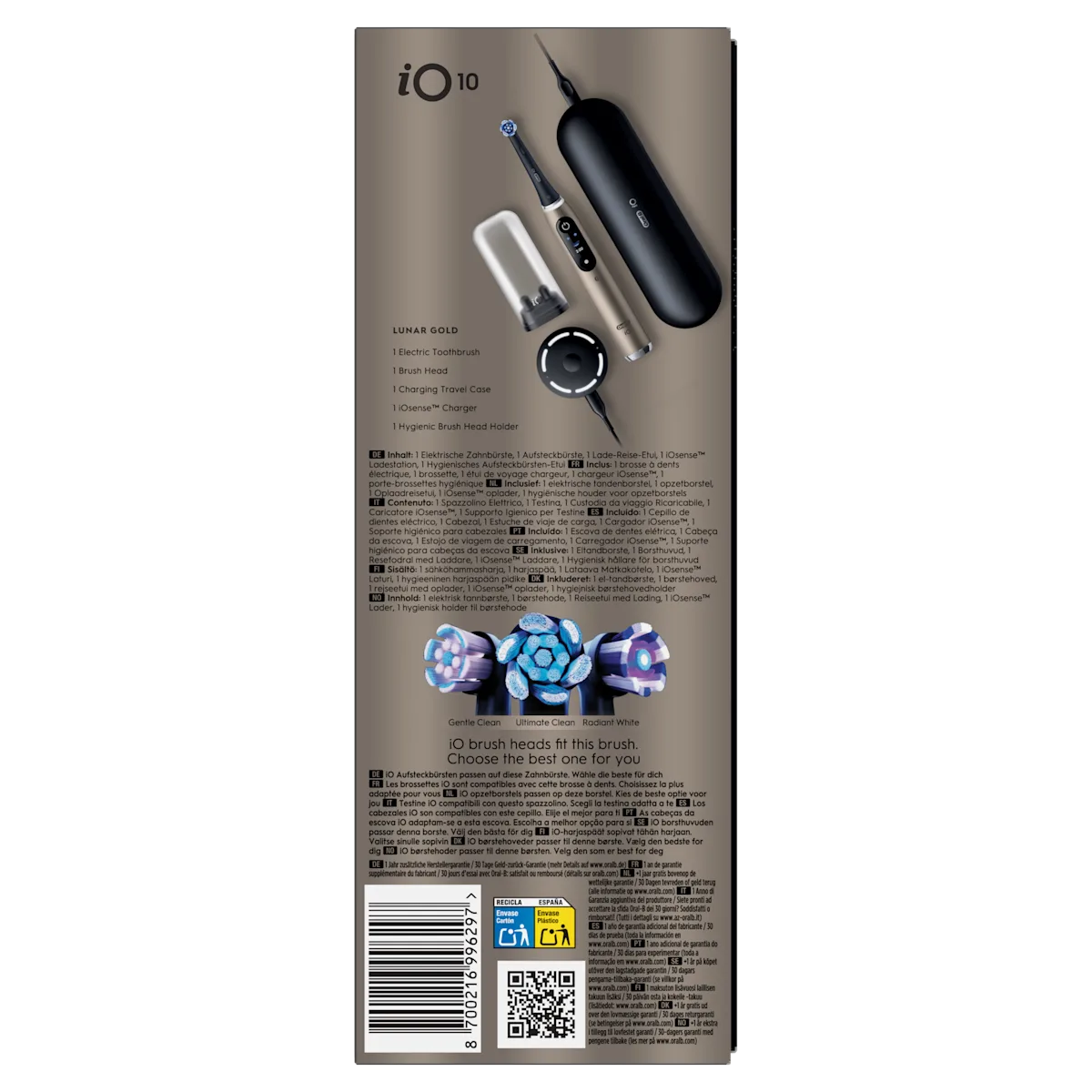 Oral-B iO 10 Lunar Gold avec une brosse électrique, une tête de brosse, un étui de voyage et un chargeur iOsense.