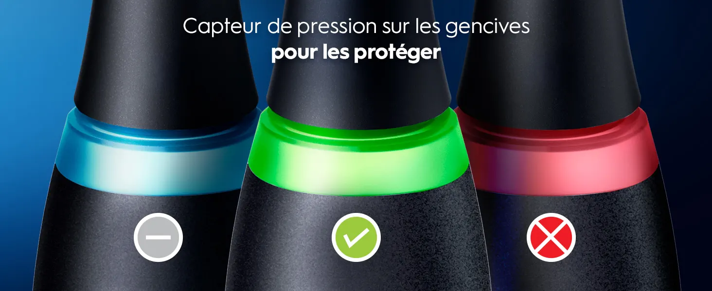 Brosses à dents avec capteurs de pression lumineux colorés: bleu, vert et rouge