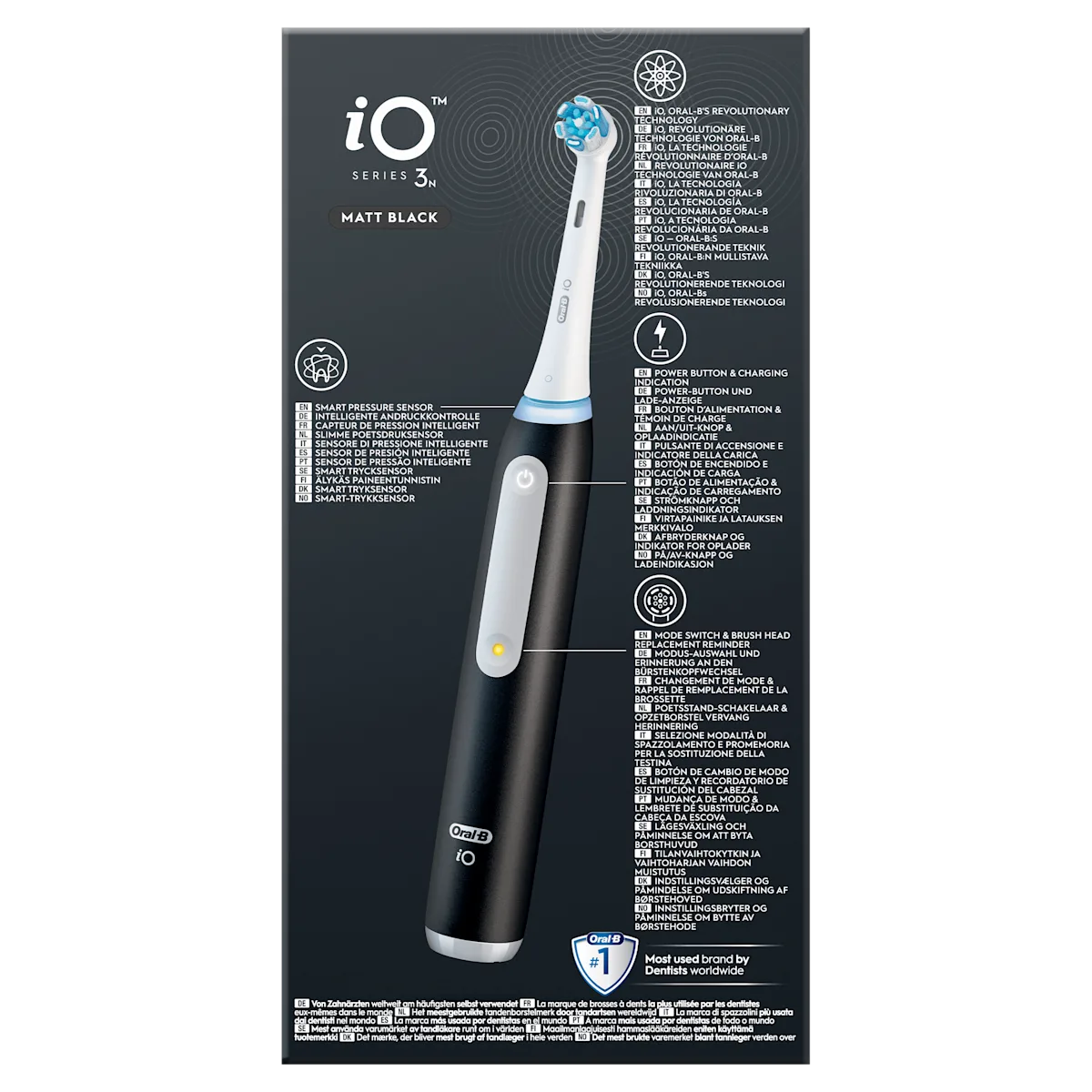 Oral-B iO Series 3N Matt Black, mettant en avant sa technologie révolutionnaire Oral-B pour un nettoyage intelligent.