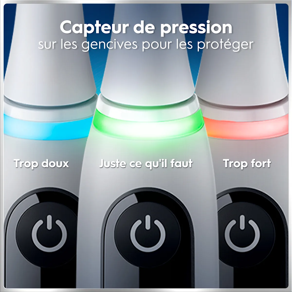 Écran interactif de la brosse à dents Oral-B iO affichant le mode de brossage, l’autonomie et l’état de la brossette.