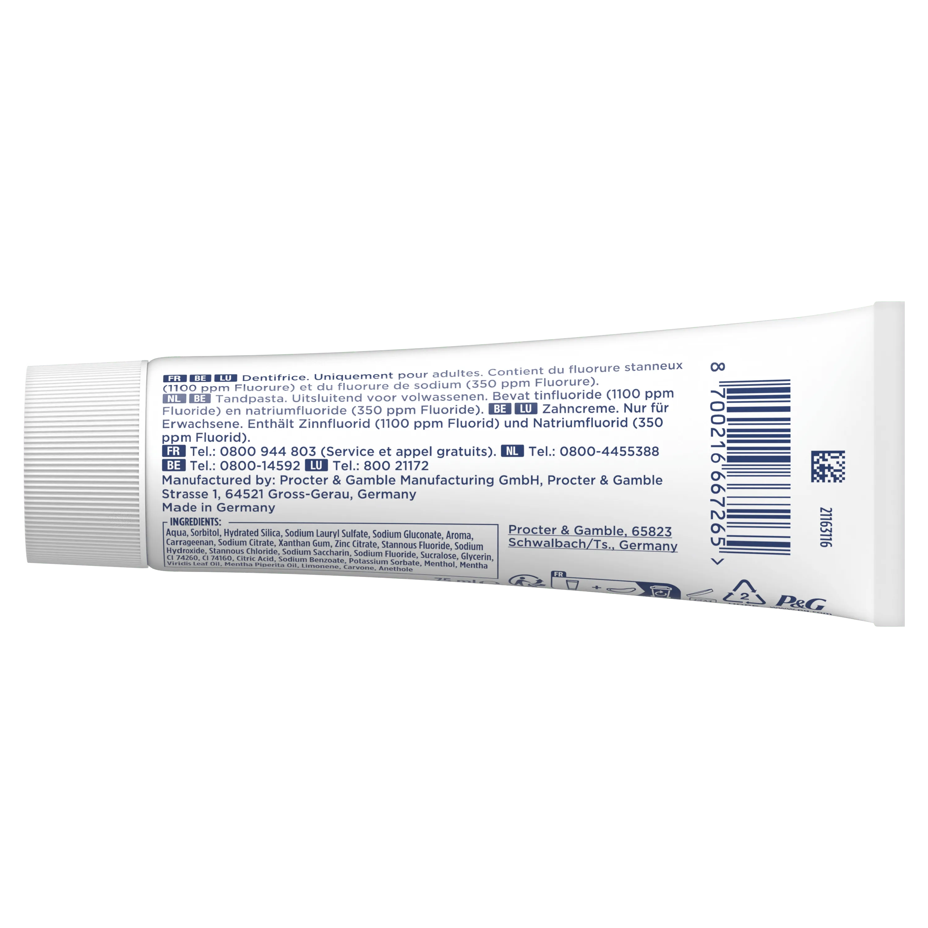 Tube de dentifrice Oral-B, indiquant qu'il contient du fluorure stanneux (1100 ppm) et du fluorure de sodium (350 ppm).