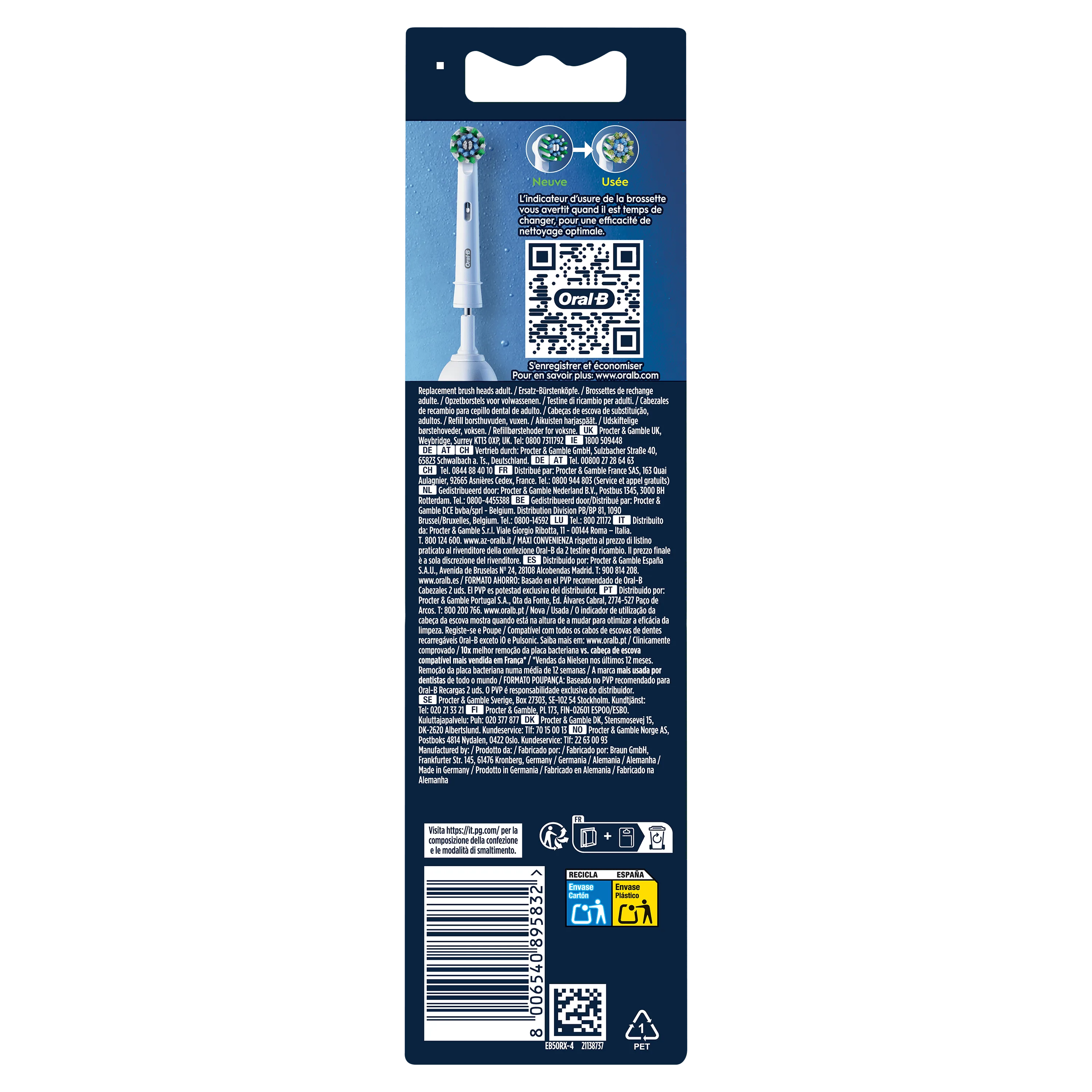 Oral-B brossettes de rechange adulte, l'emballage met en avant l'indicateur d'usure de la brossette pour un nettoyage optimal.