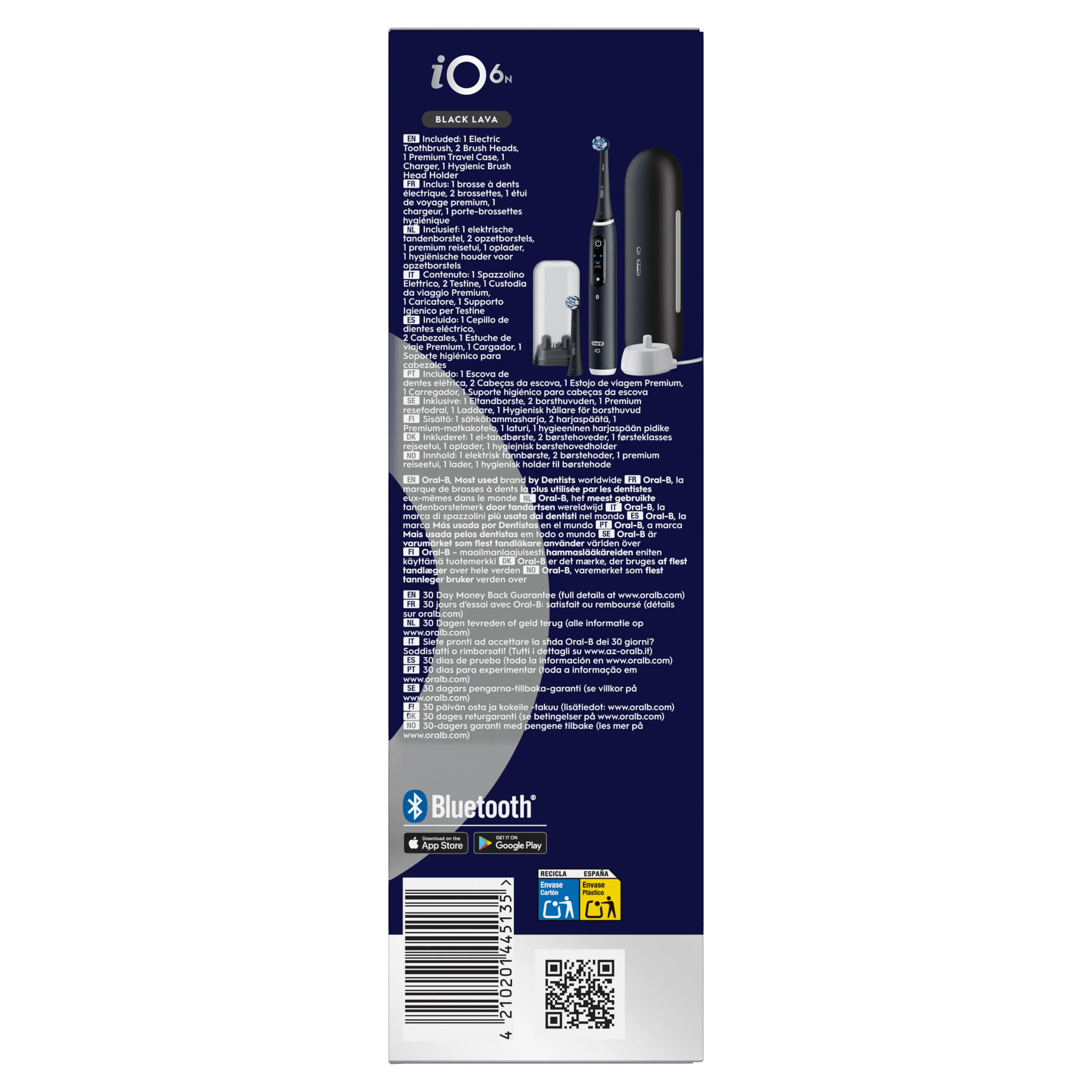 Oral-B iO 6N Black Lava, incluant une brosse à dents électrique, 2 brossettes, un étui de voyage et un chargeur.