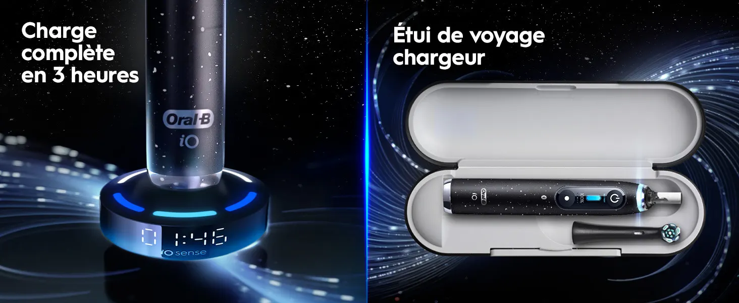 Brosse à dents électrique Oral-B iO avec station de charge rapide et étui de voyage chargeur. 