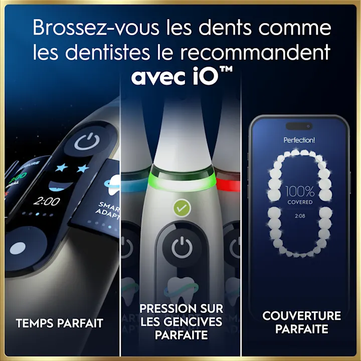Oral-B iO: temps, pression et couverture parfaits pour un brossage recommandé par les dentistes.