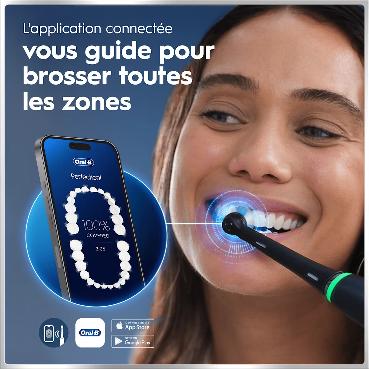 Application Oral B guidant le brossage des dents avec brosse connectée, affichant la couverture à 100% des zones dentaires sur smartphone.