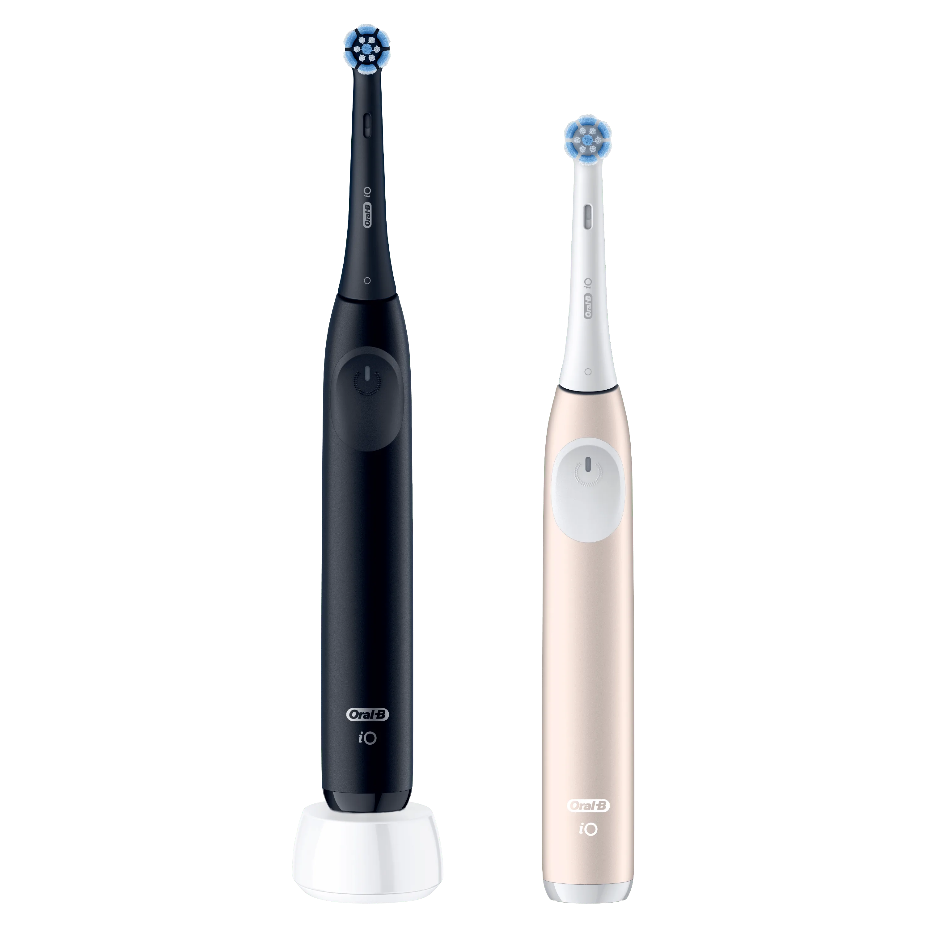 Oral-B iO, deux brosses à dents électriques, une noire sur son chargeur et une rose dorée.