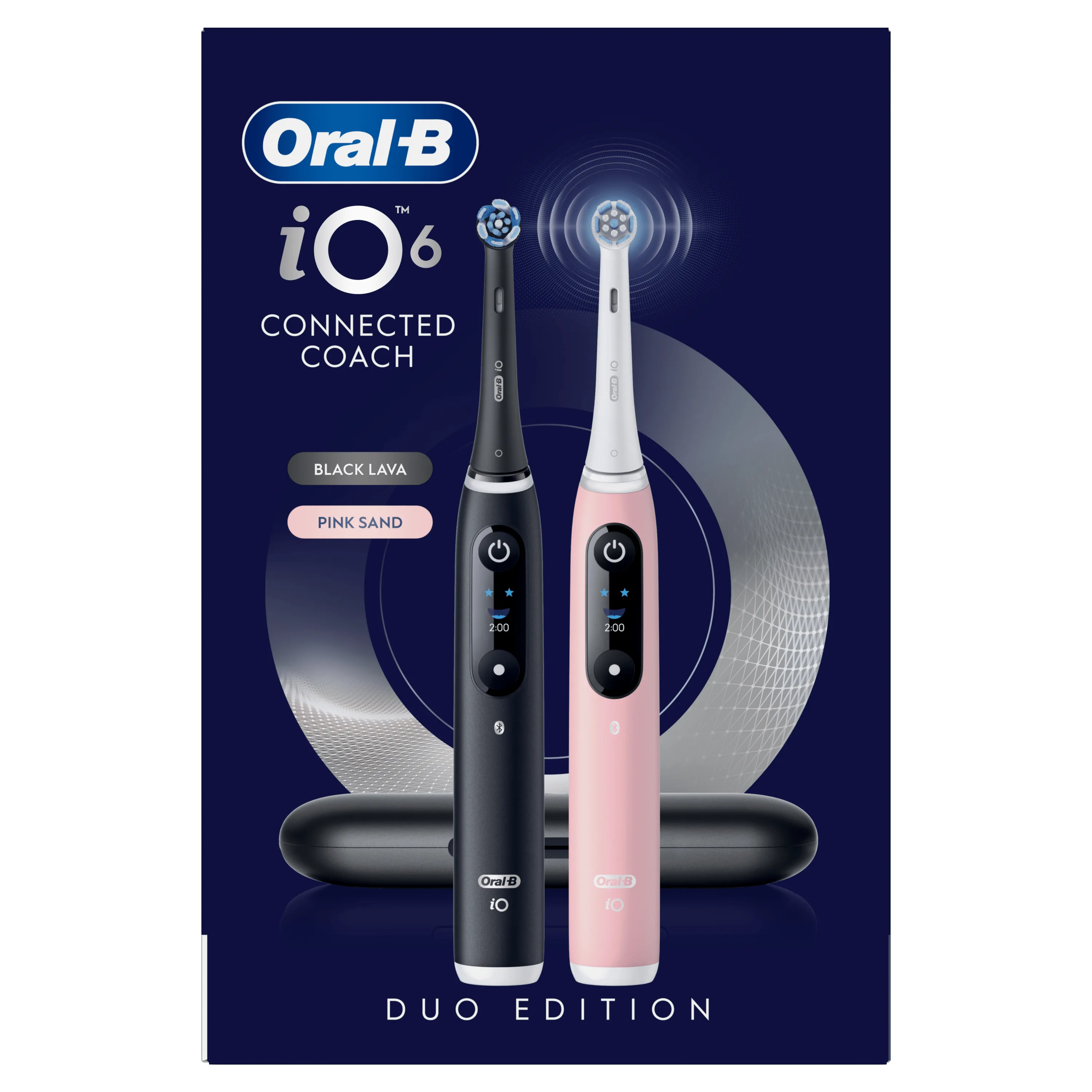 Oral-B iO 6 Duo Edition, montrant les brosses à dents en coloris Black Lava et Pink Sand.