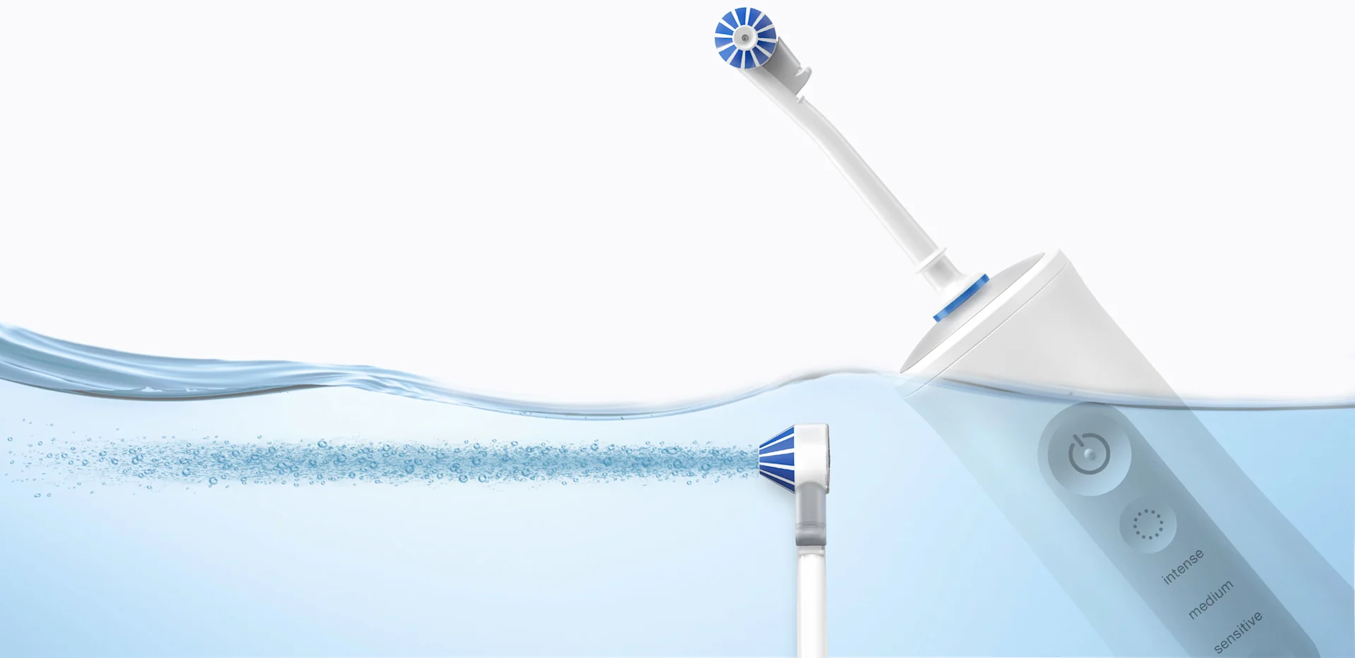 Jet dentaire AquaCare Oral-B sans fil immergé dans l'eau