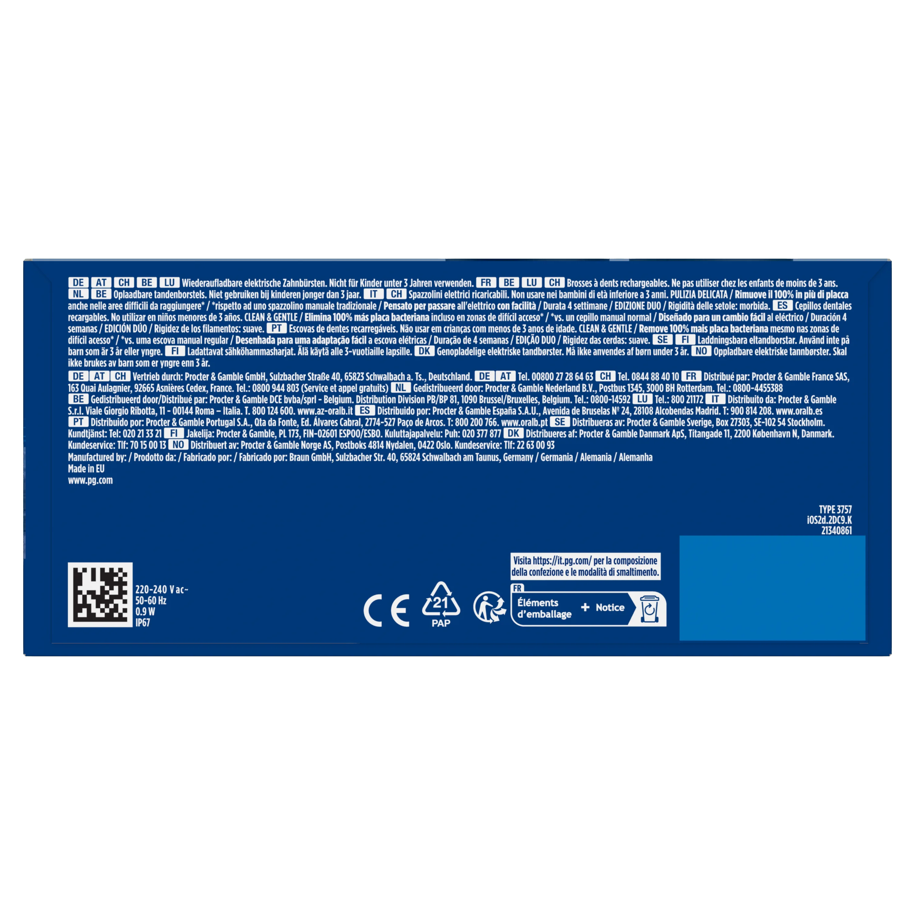 Oral-B, emballage indiquant CLEAN & GENTLE - Jusqu à 100 % de plaque dentaire éliminée en plus. même dans les zones difficiles d’accès.