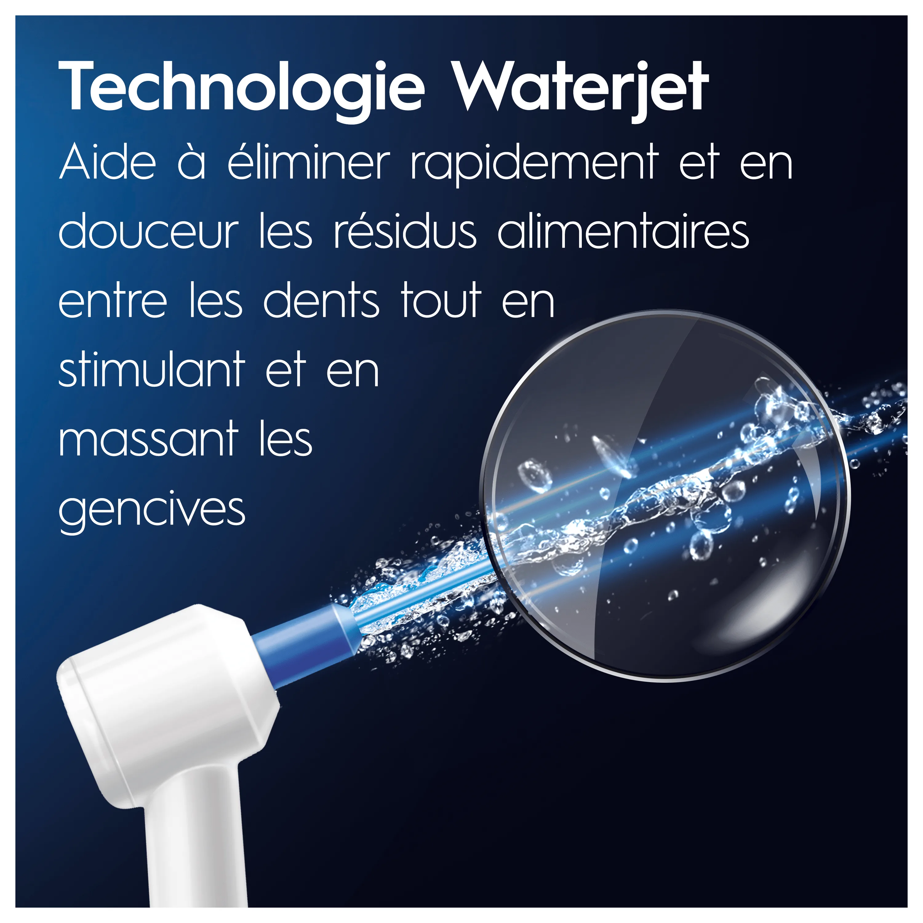 La technologie Waterjet Oral-B élimine les résidus alimentaires entre les dents, stimulant et massant les gencives, comme illustré par le jet d'eau.