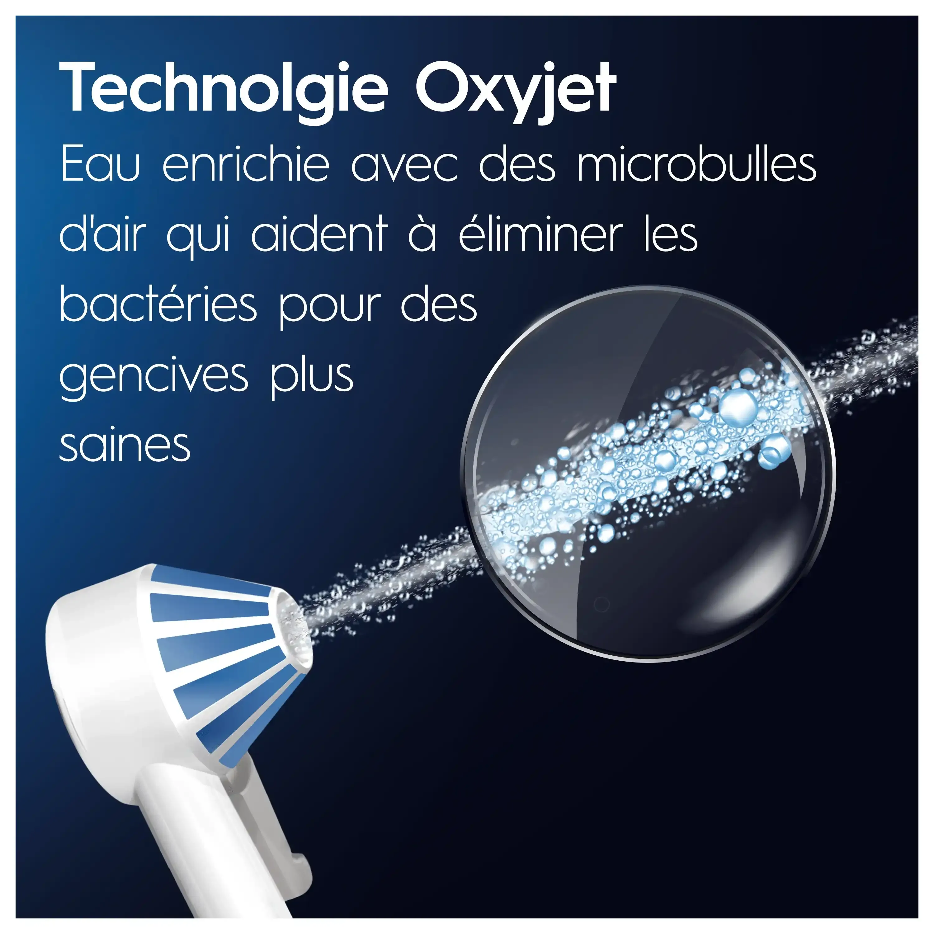 La technologie Oxyjet d'Oral-B projette de l'eau enrichie en microbulles d'air, visible à travers une loupe, pour des gencives plus saines.