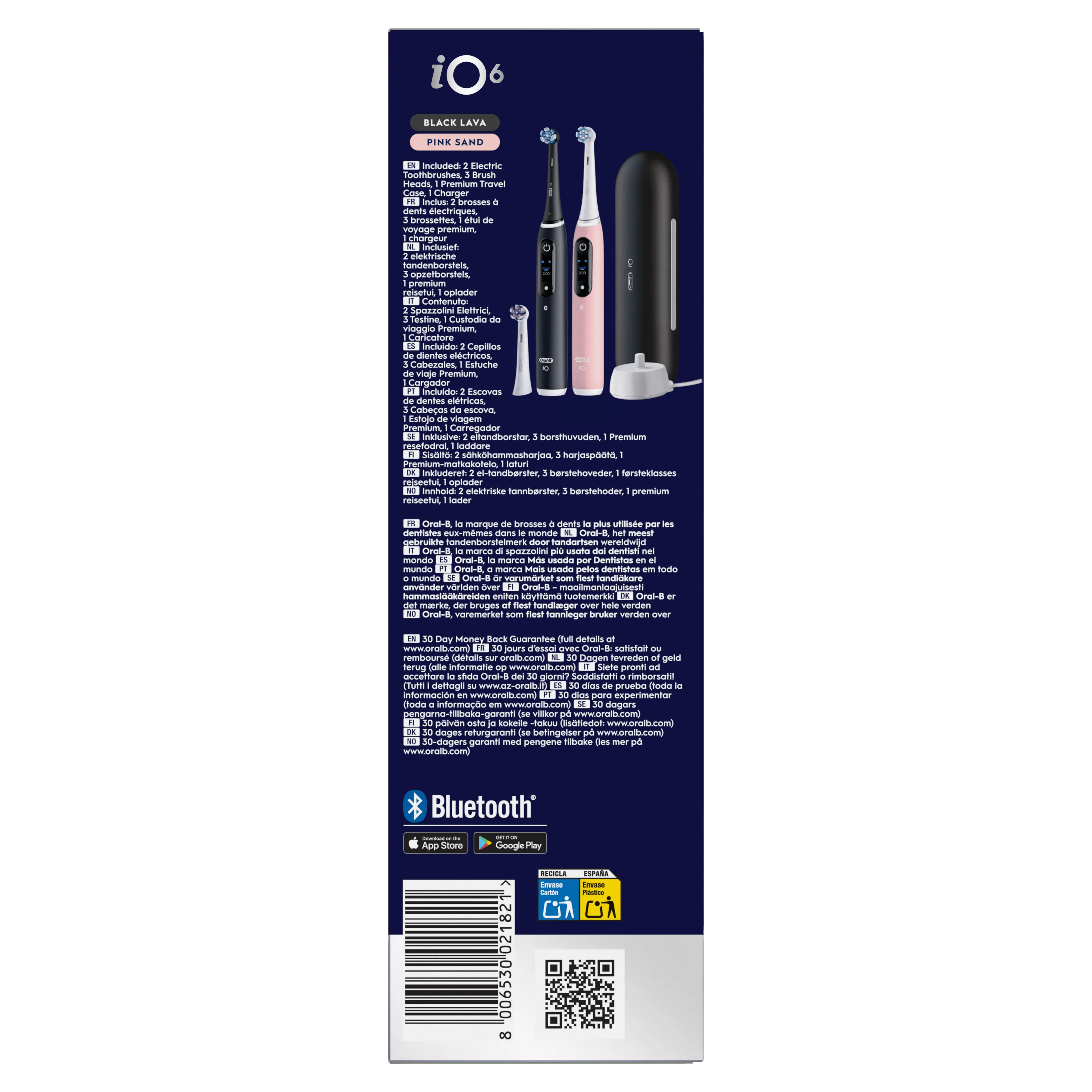 Oral-B iO 6, comprenant deux brosses à dents électriques, trois brossettes, un étui de voyage premium et un chargeur.
