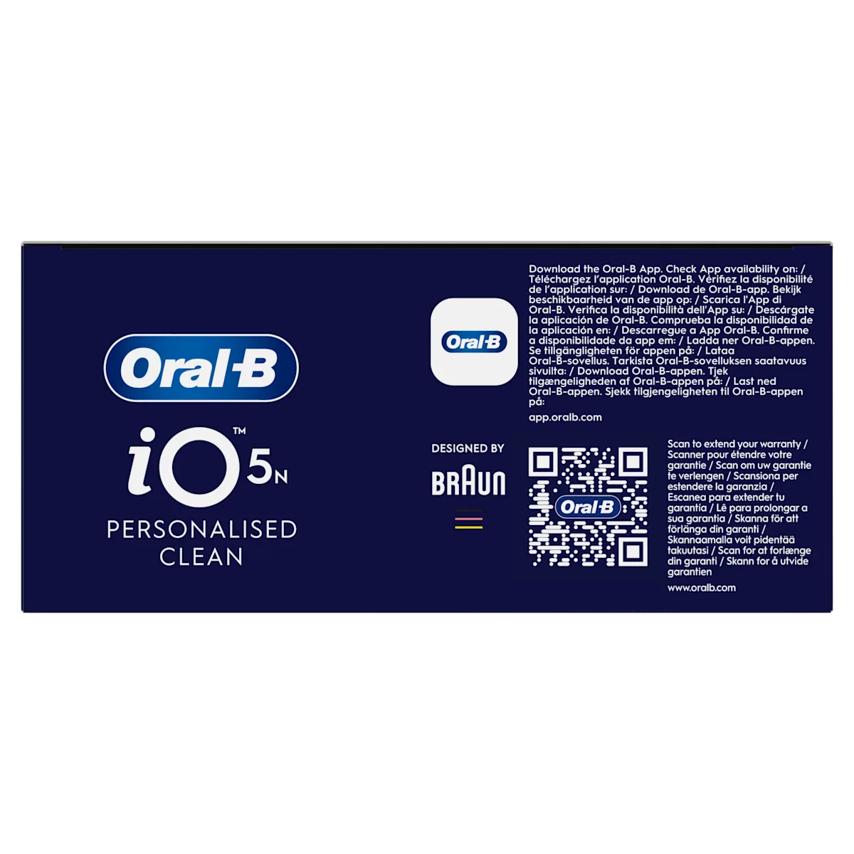 Oral-B iO 5n, avec la mention Personalised Clean et un code QR pour étendre la garantie.