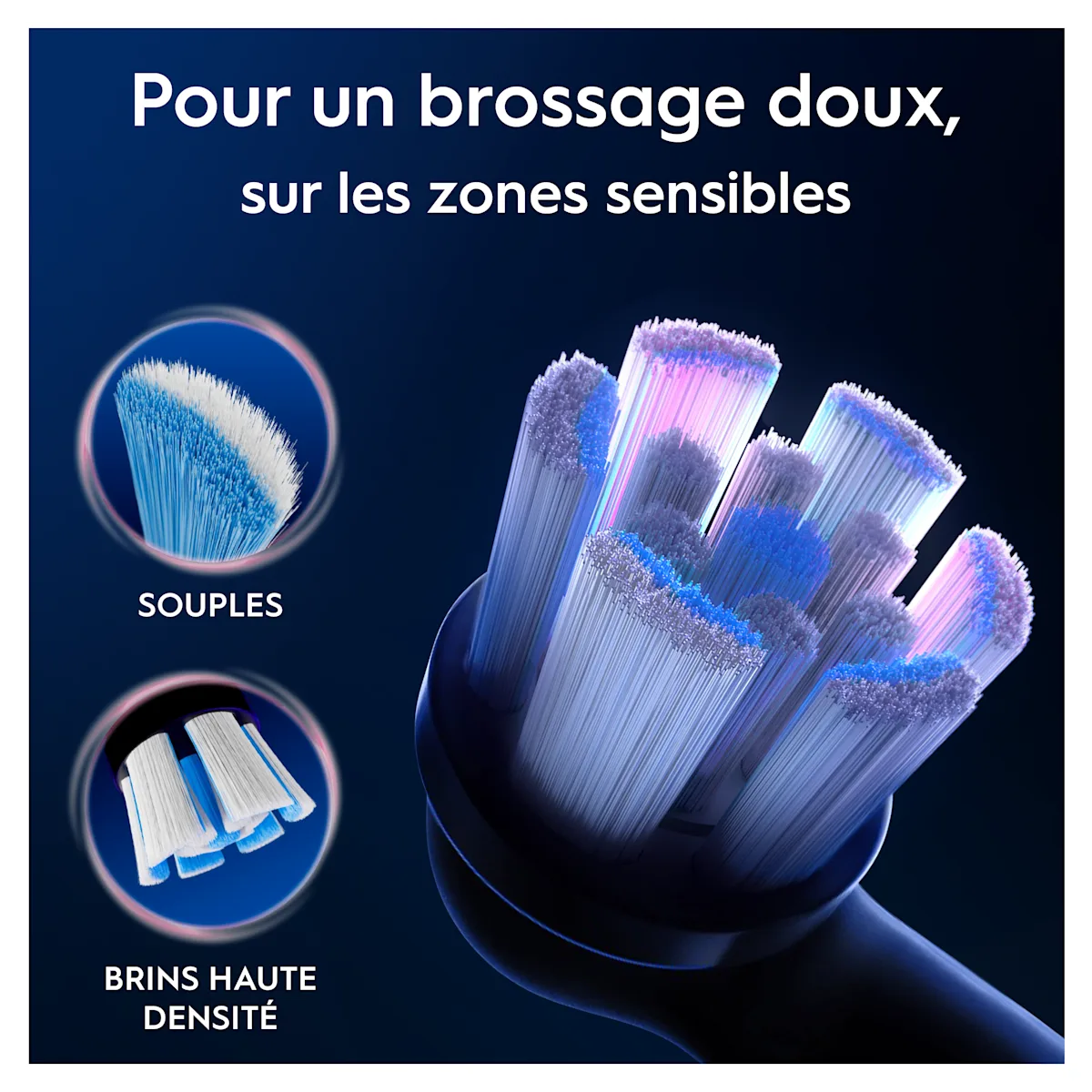 Brosse à dents Oral-B montrant des brins souples et des brins haute densité pour un brossage doux sur les zones sensibles.