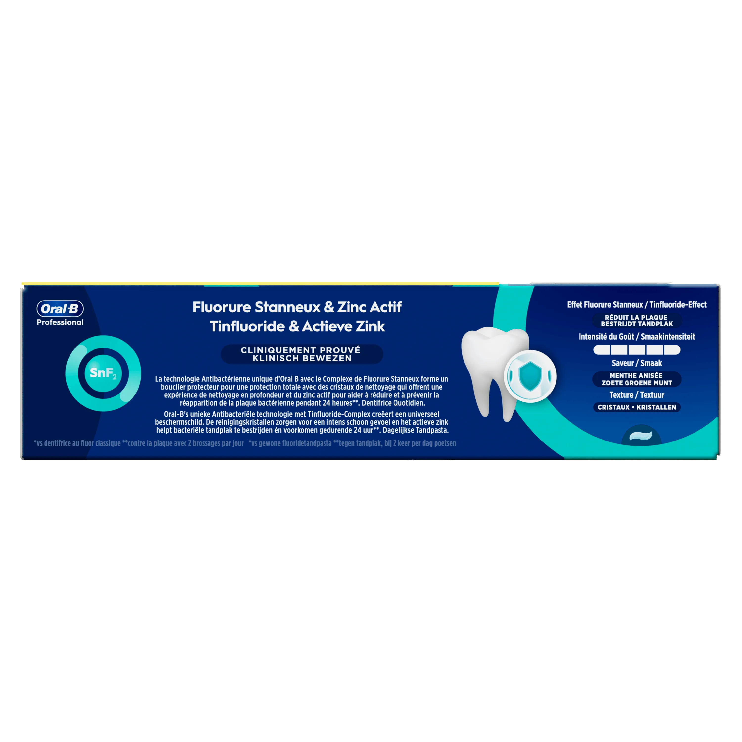 Oral-B Professional Fluorure Stanneux & Zinc Actif, cliniquement prouvé pour réduire la plaque et protéger pendant 24 heures.