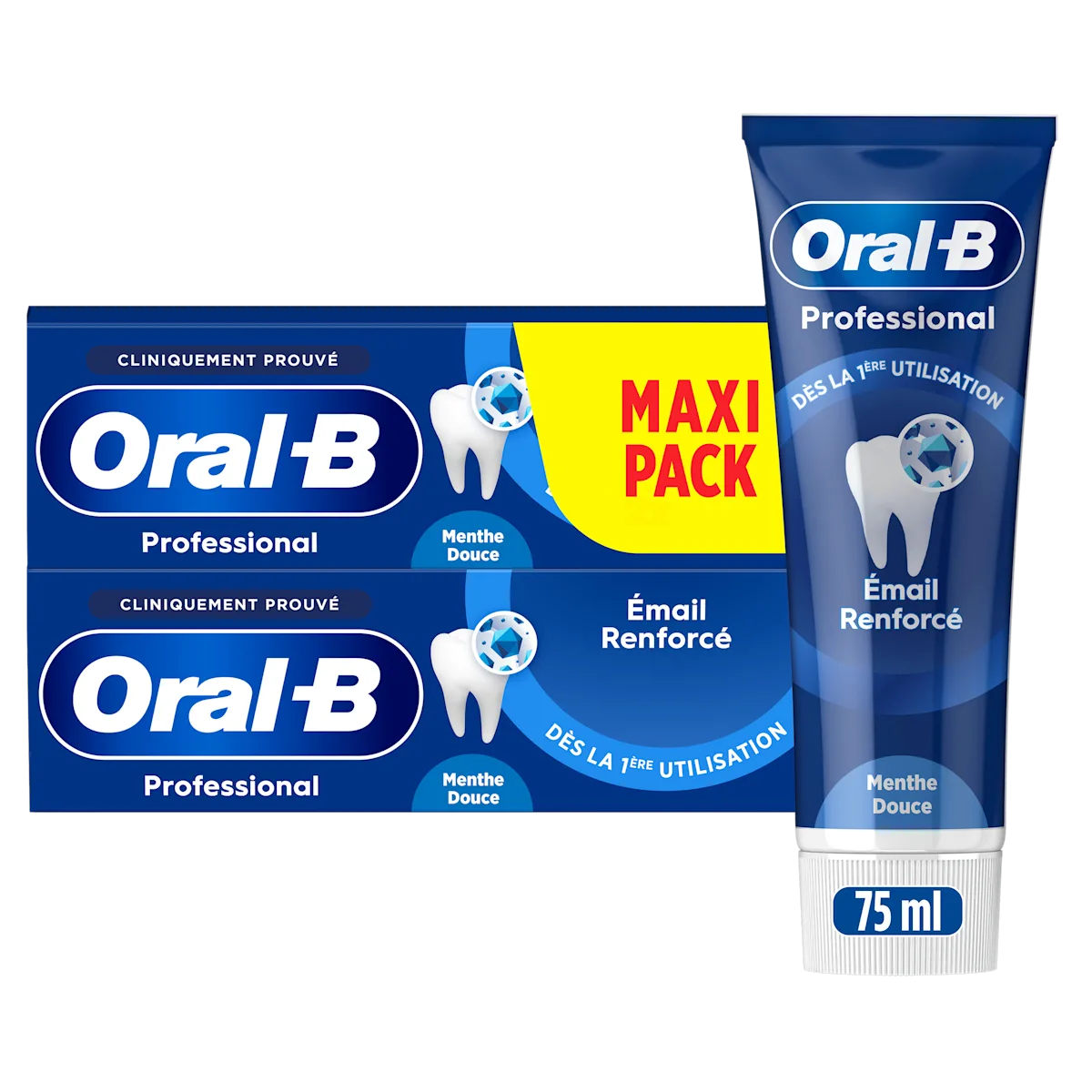 Oral-B Professional, pack avec deux tubes et un tube seul, mettant en avant la protection de l'émail dès la première utilisation.