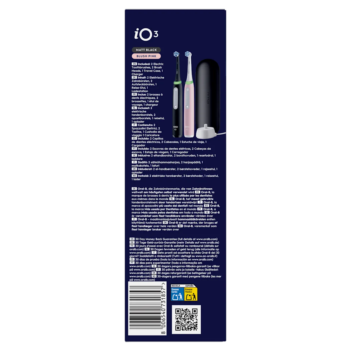 Oral-B iO3 en rose et noir, avec 2 brosses, 2 brossettes, un étui de voyage et un chargeur.